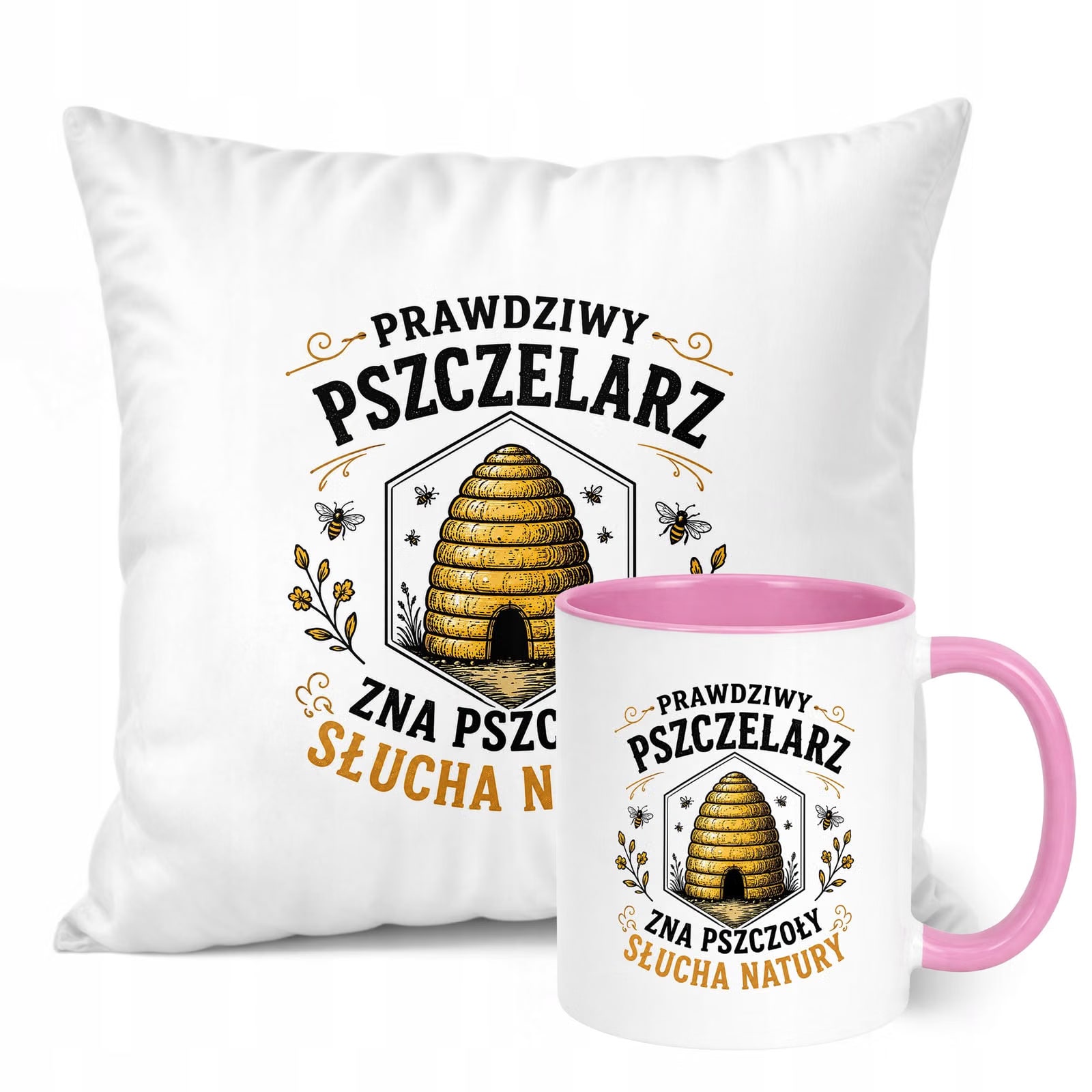 Zestaw Kubek Różowy Poduszka Z Nadrukiem Dla Pszczelarza Prezent