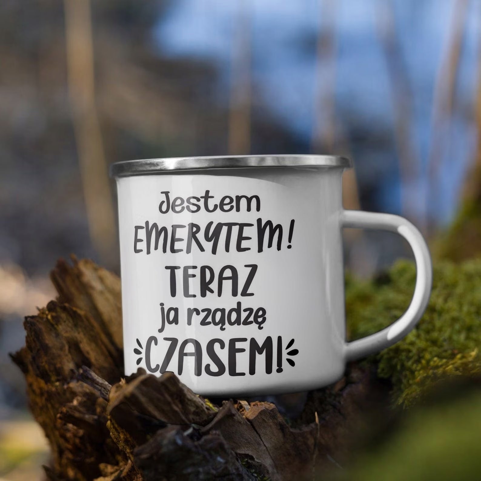 Kubek Emaliowany z okazji Emerytury Dla Emeryta z Nadrukiem Biały Metalowy