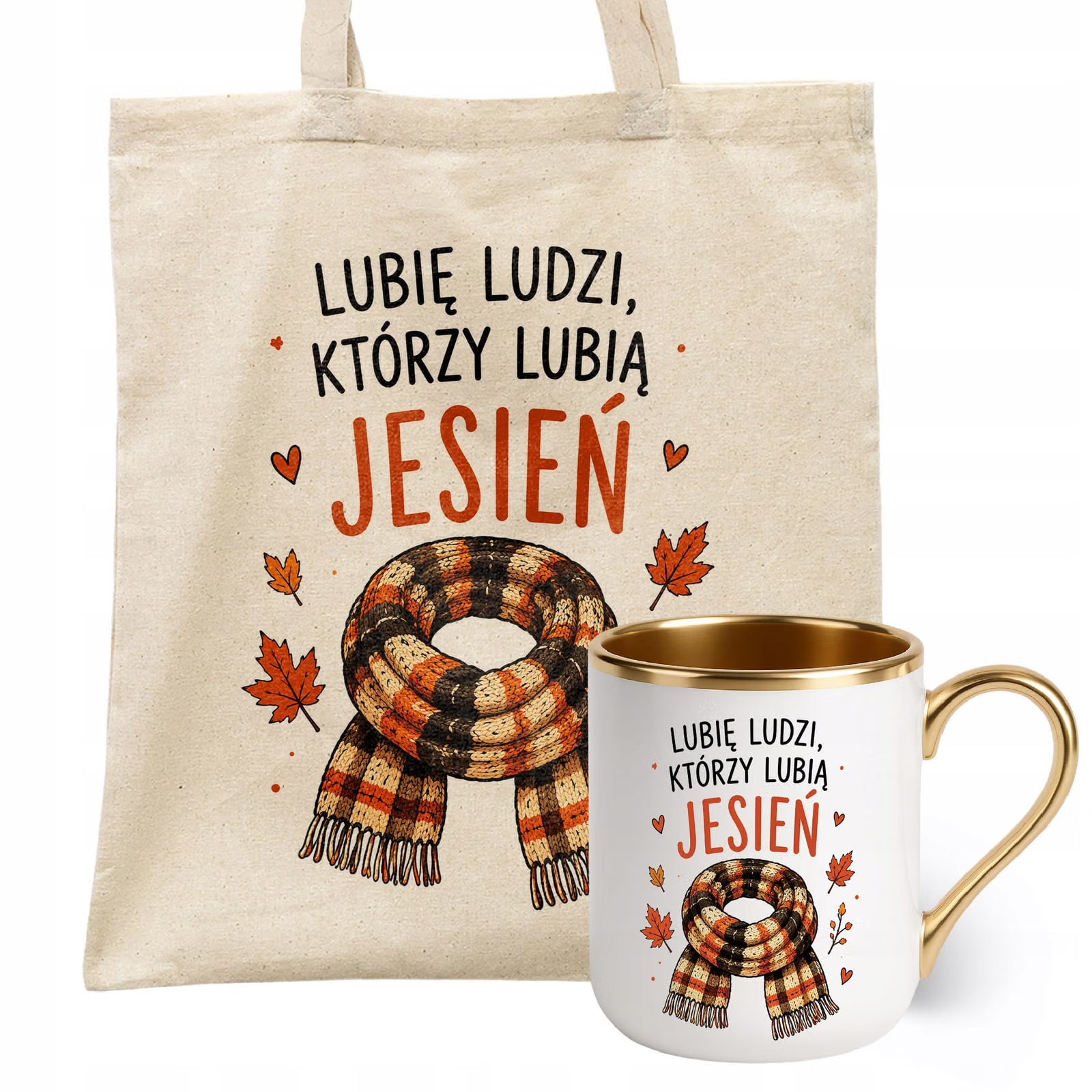 Zestaw Kubek Premium Złoty Torba Shopper Ecru Z Nadrukiem Jesień