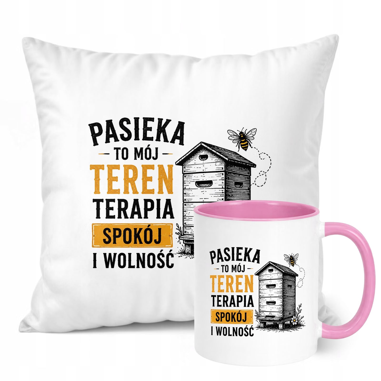 Zestaw Kubek Różowy Poduszka Z Nadrukiem Dla Pszczelarza Prezent