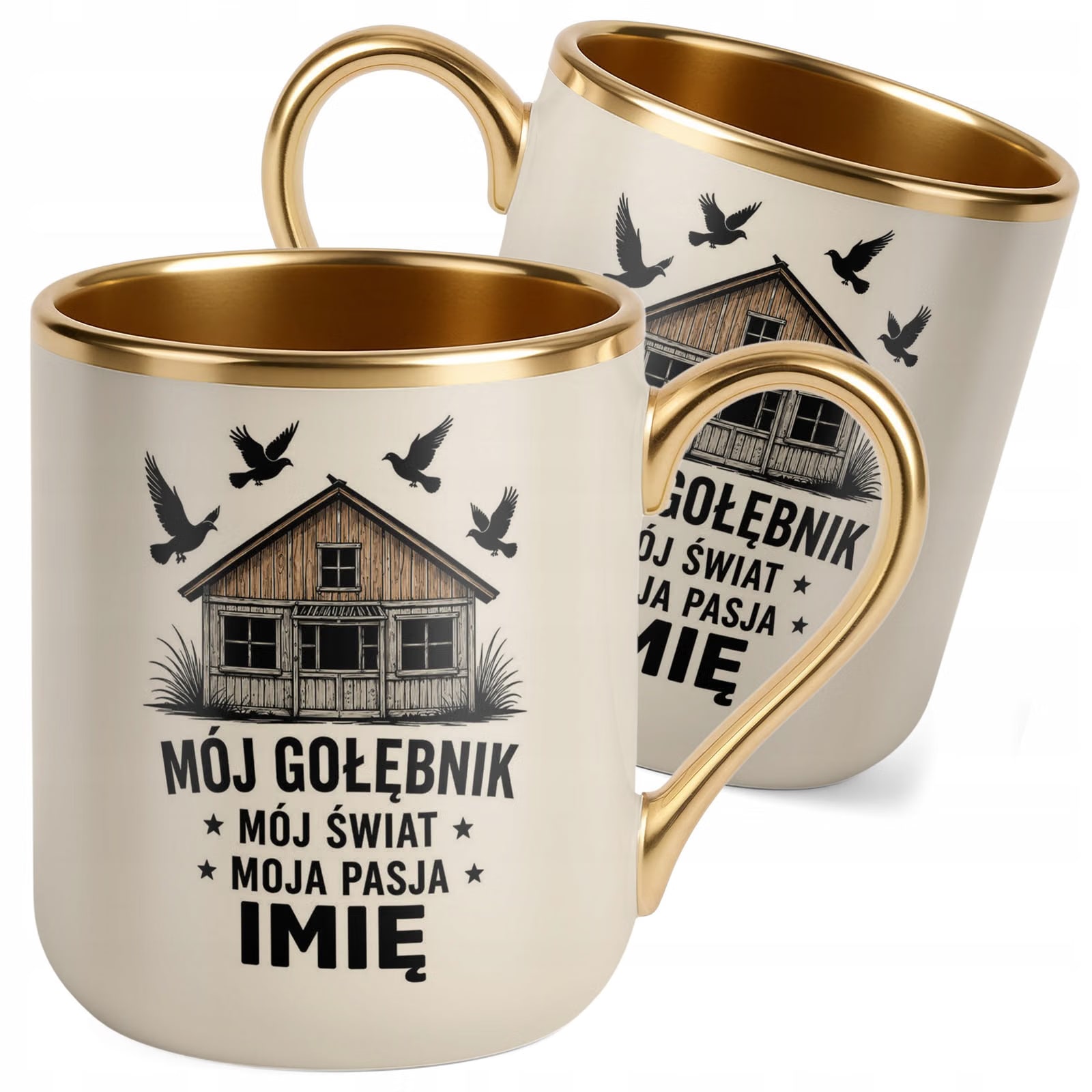 Kubek Personalizowany z nadrukiem Premium Złoty Ecru Dla Gołębiarza Prezent