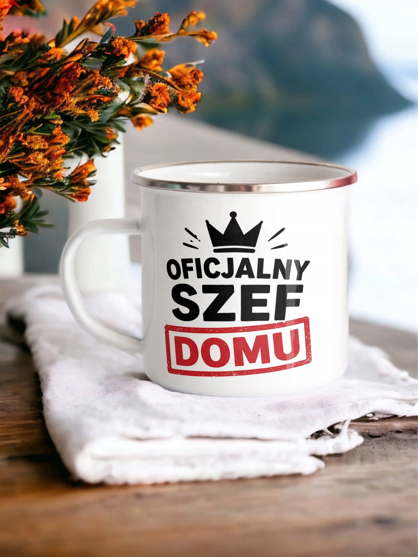 Kubek Emaliowany Dzień Ojca prezent dla taty z Nadrukiem Biały Metalowy