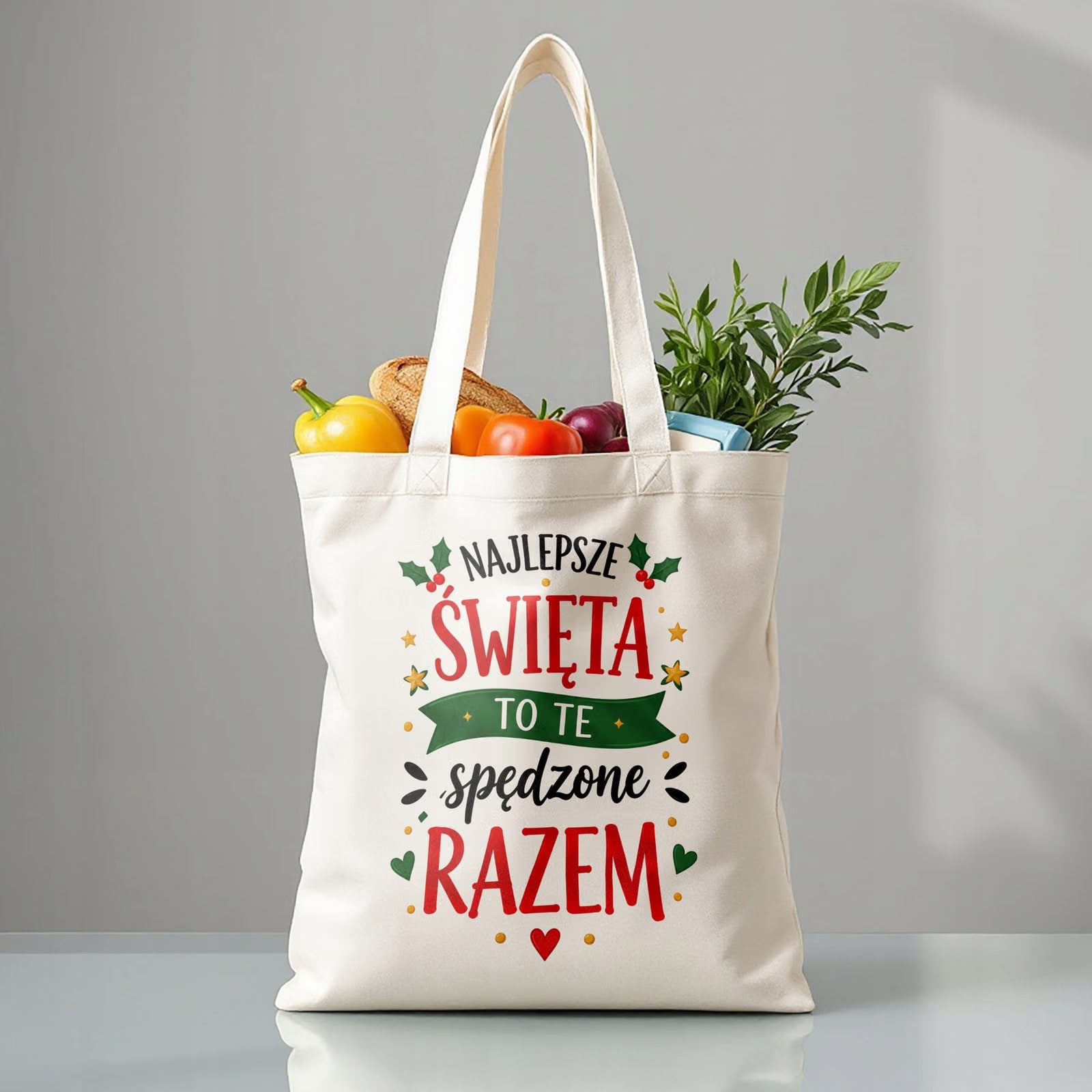 Torba shopper bawełniana świąteczna na zakupy z nadrukiem prezent