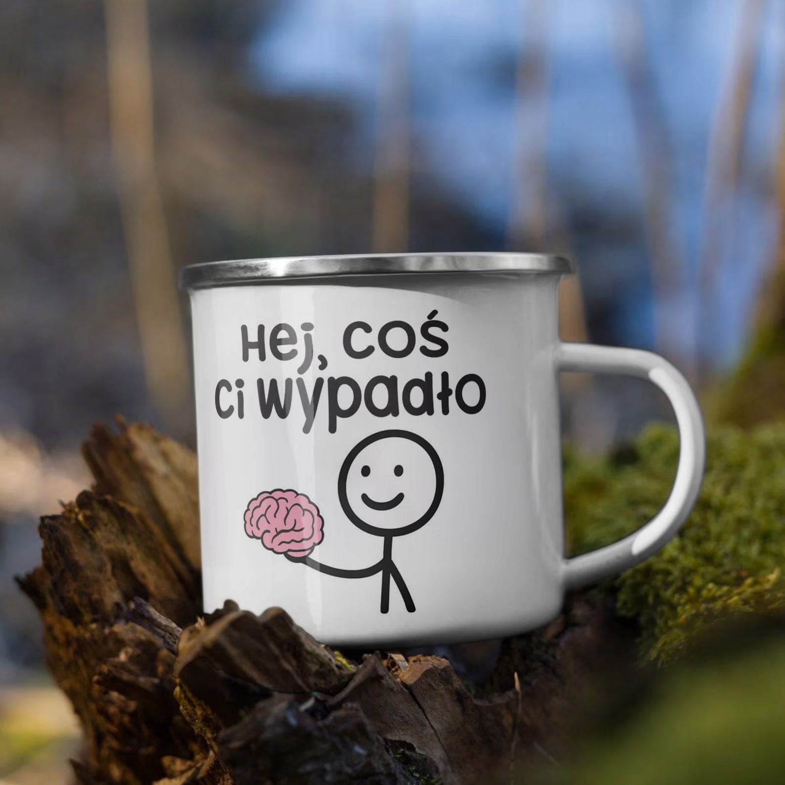 Kubek Emaliowany Hej Coś Ci Wypadło Zabawny z Nadrukiem Biały Metalowy