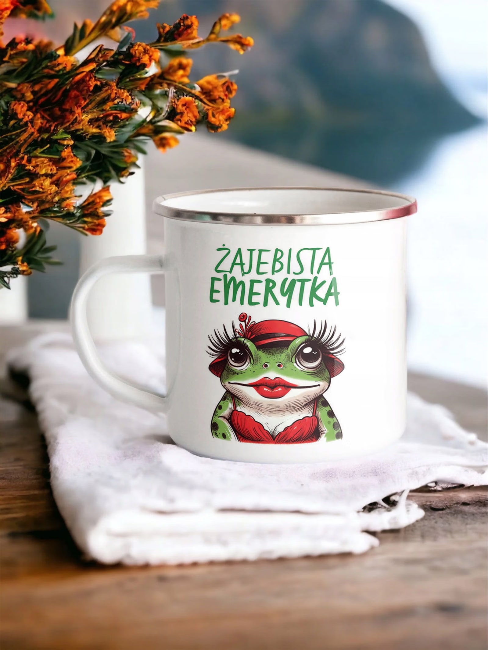 Kubek Emaliowany Z okazji Emerytury Emerytka z Nadrukiem Biały Metalowy