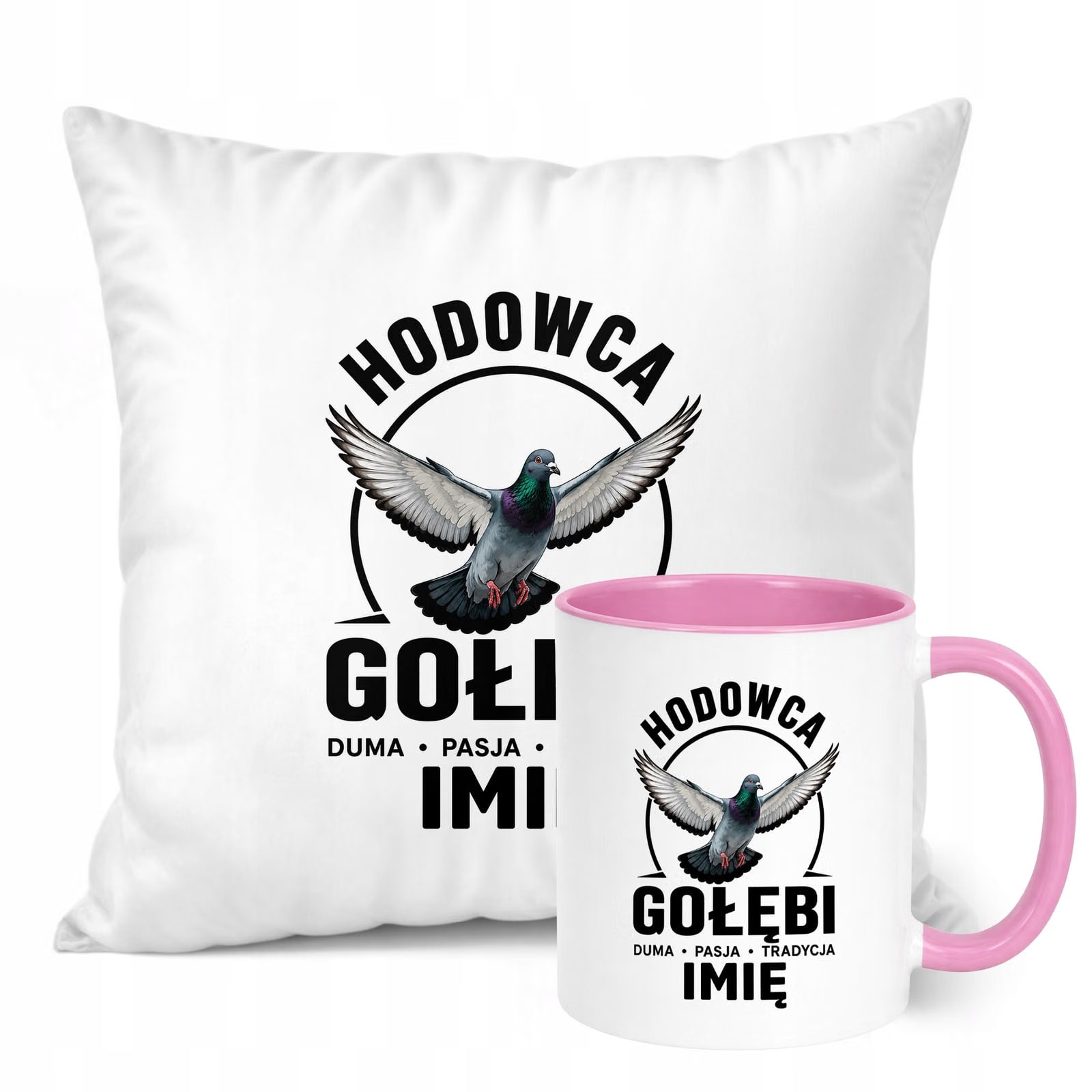 Zestaw Personalizowany Kubek Różowy Poduszka Z Nadrukiem Dla Gołębiarza