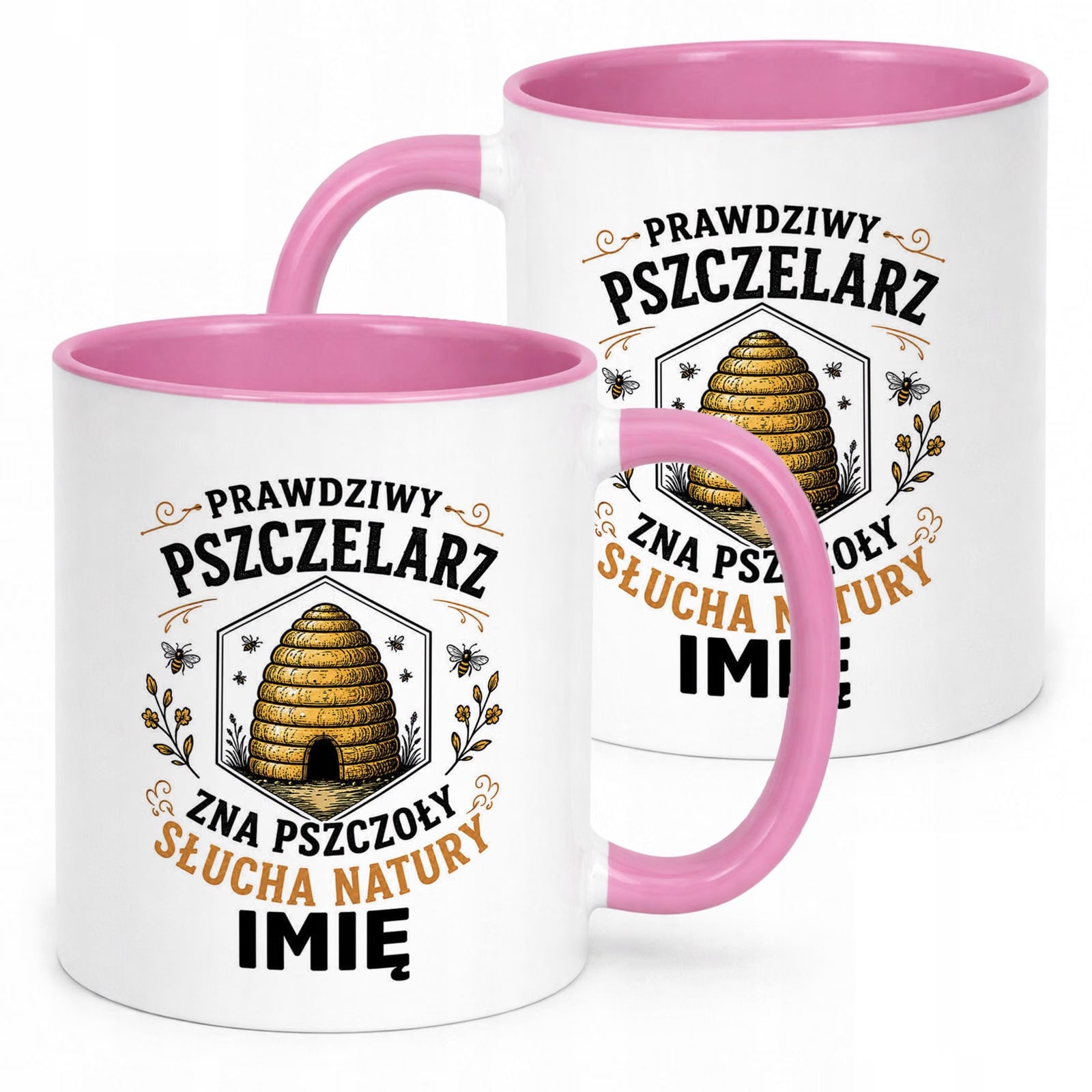 Różowy Kubek Personalizowany z nadrukiem Dla Pszczelarza Upominek Prezent