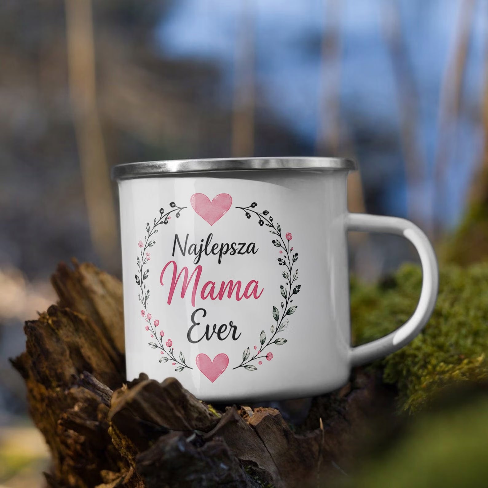 Kubek Emaliowany dla mamy Dzień Matki mały z z Nadrukiem Biały Metalowy