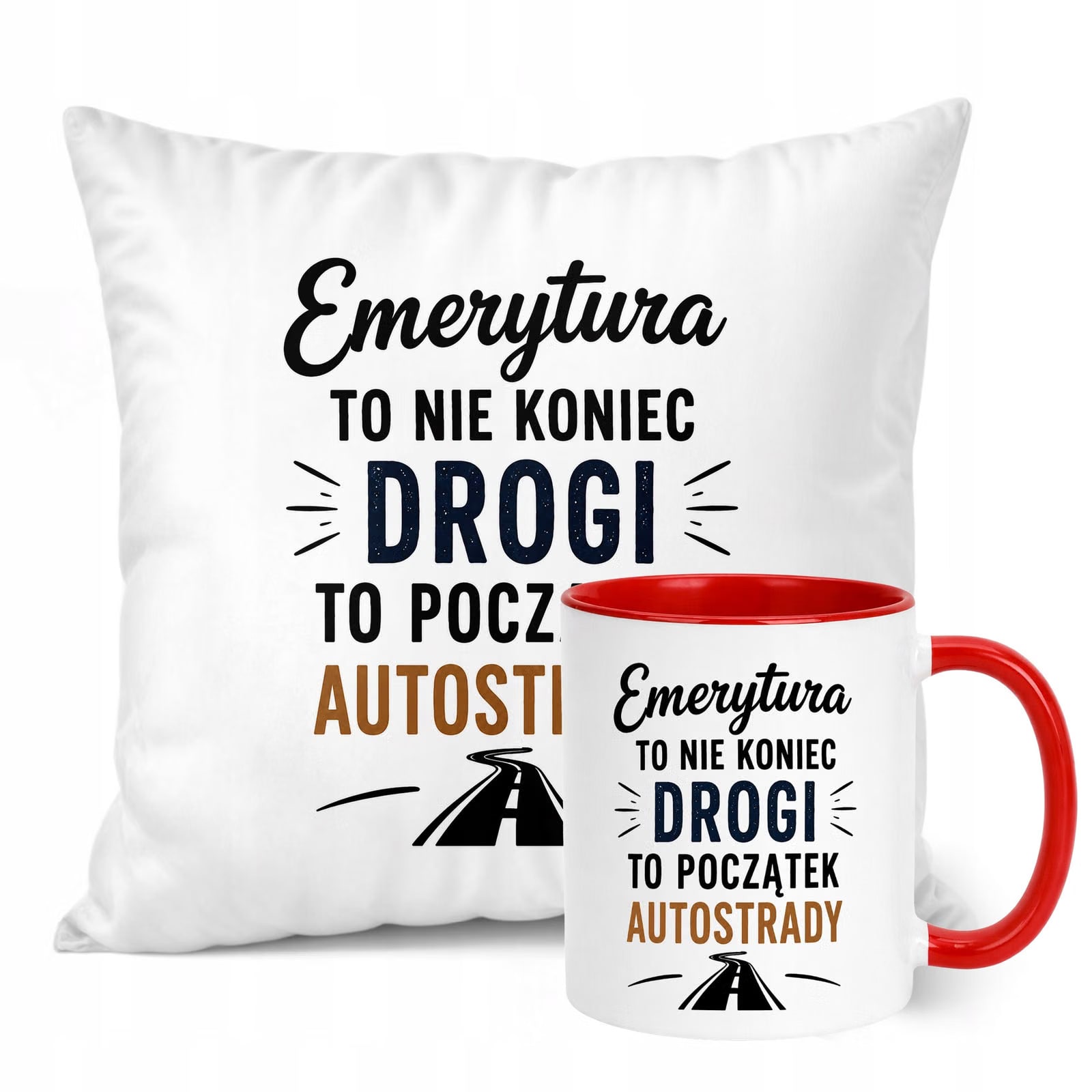 Zestaw Kubek Czerwony Poduszka Z Nadrukiem Emerytura Dla Emeryta Prezent