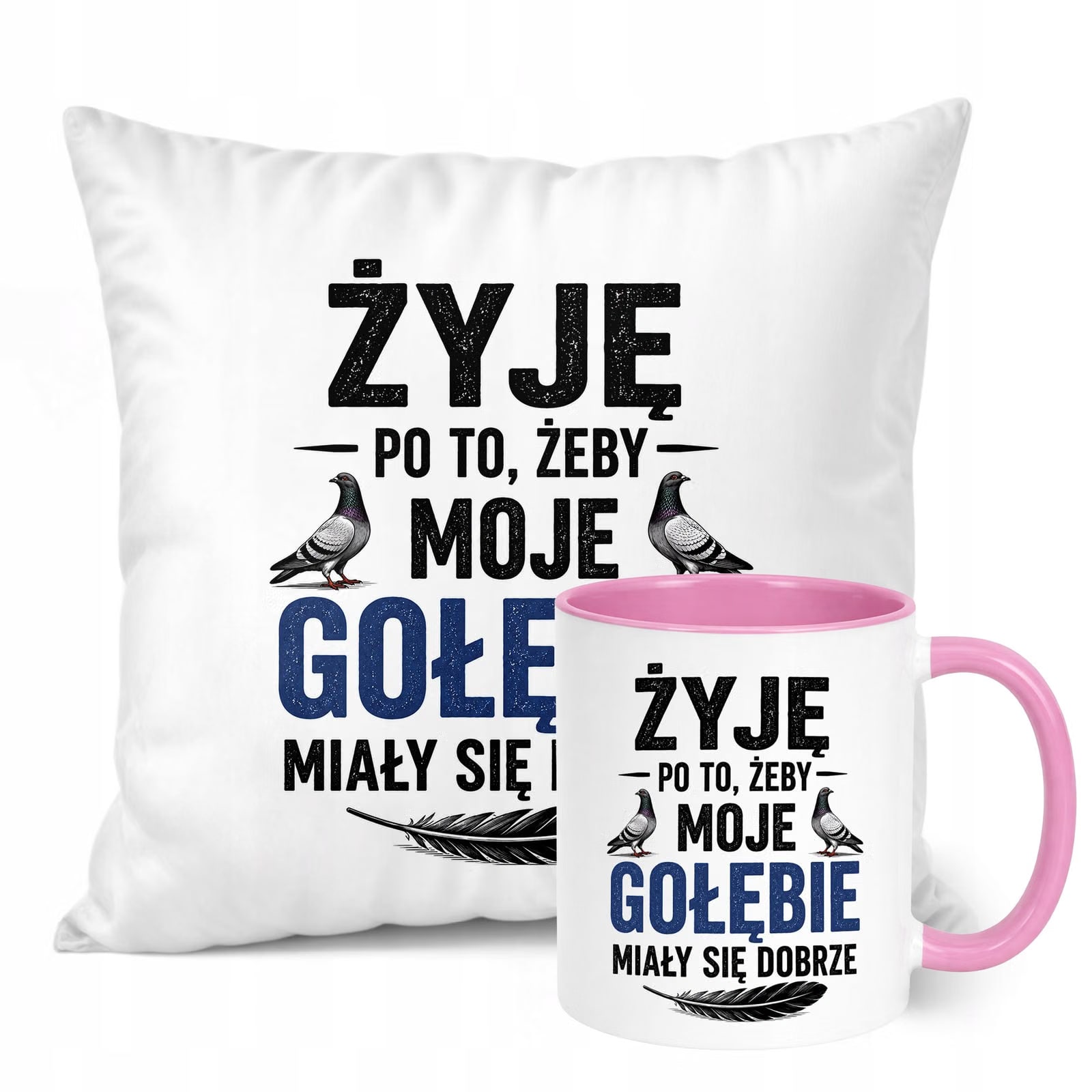 Zestaw Kubek Różowy Poduszka Z Nadrukiem Dla Gołębiarza Prezent