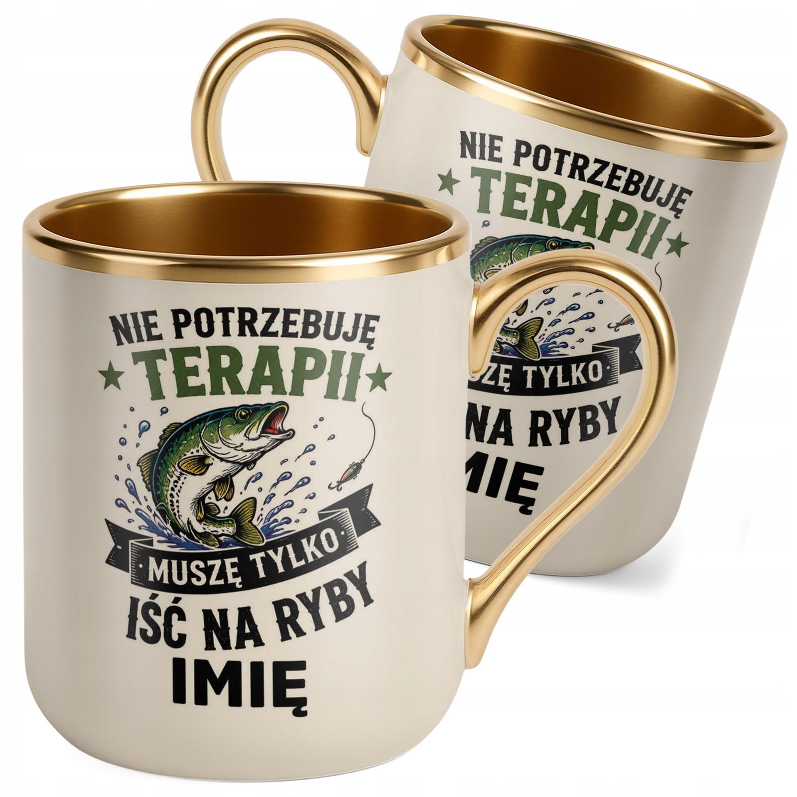 Kubek Personalizowany z nadrukiem Premium Złoty Ecru Dla Wędkarza Prezent