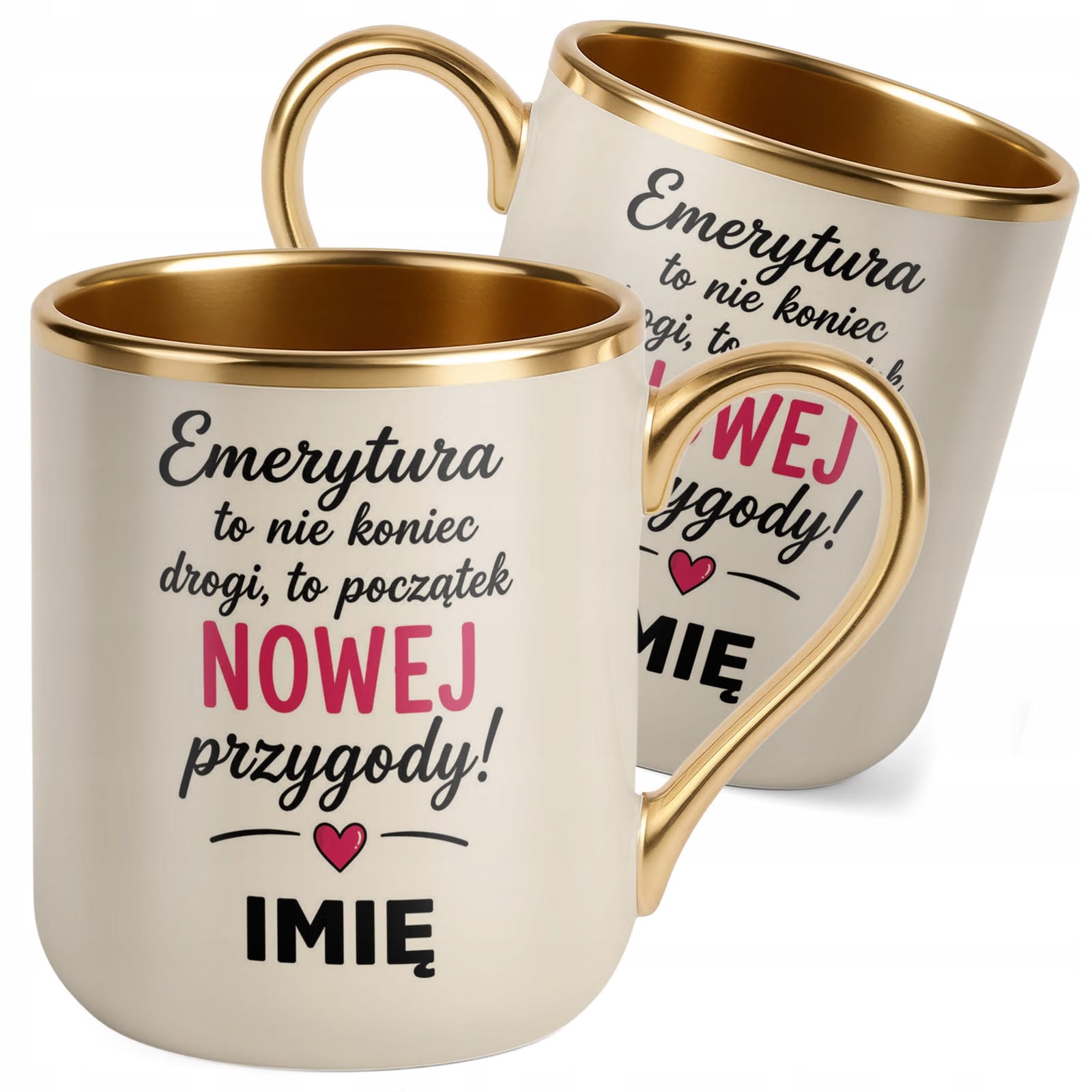 Kubek Personalizowany z nadrukiem Premium Złoty Ecru Emerytura Prezent