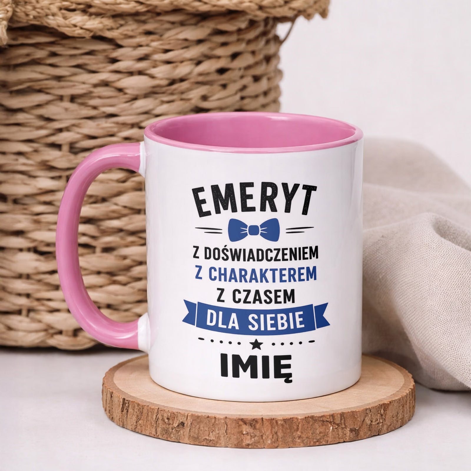 Kubek Różowy Personalizowany z Nadrukiem Emerytura Dla Emeryta Prezent