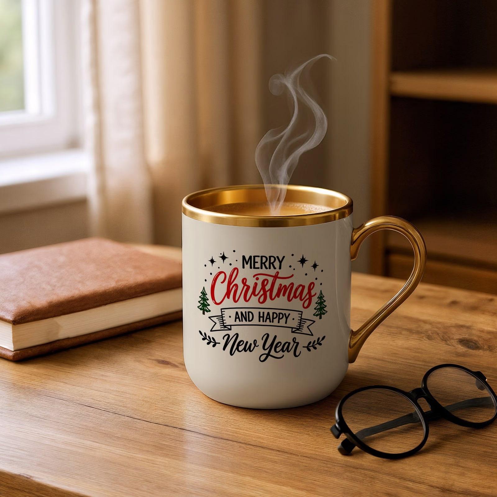 Kubek Premium Złoty Ecru Boże Narodzenie Mikołajki Merry Christmas Prezent