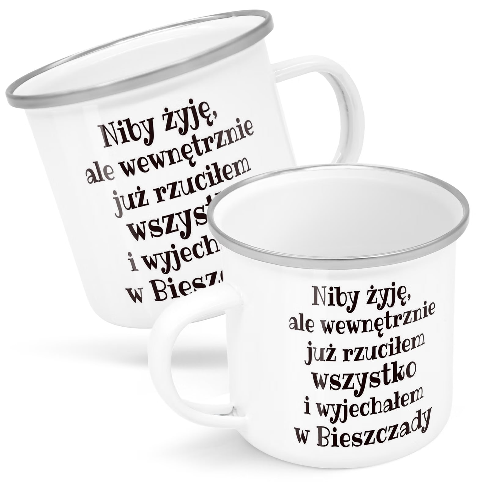 Kubek Emaliowany Niby Żyje Ale Wewnętrznie z Nadrukiem Biały Metalowy