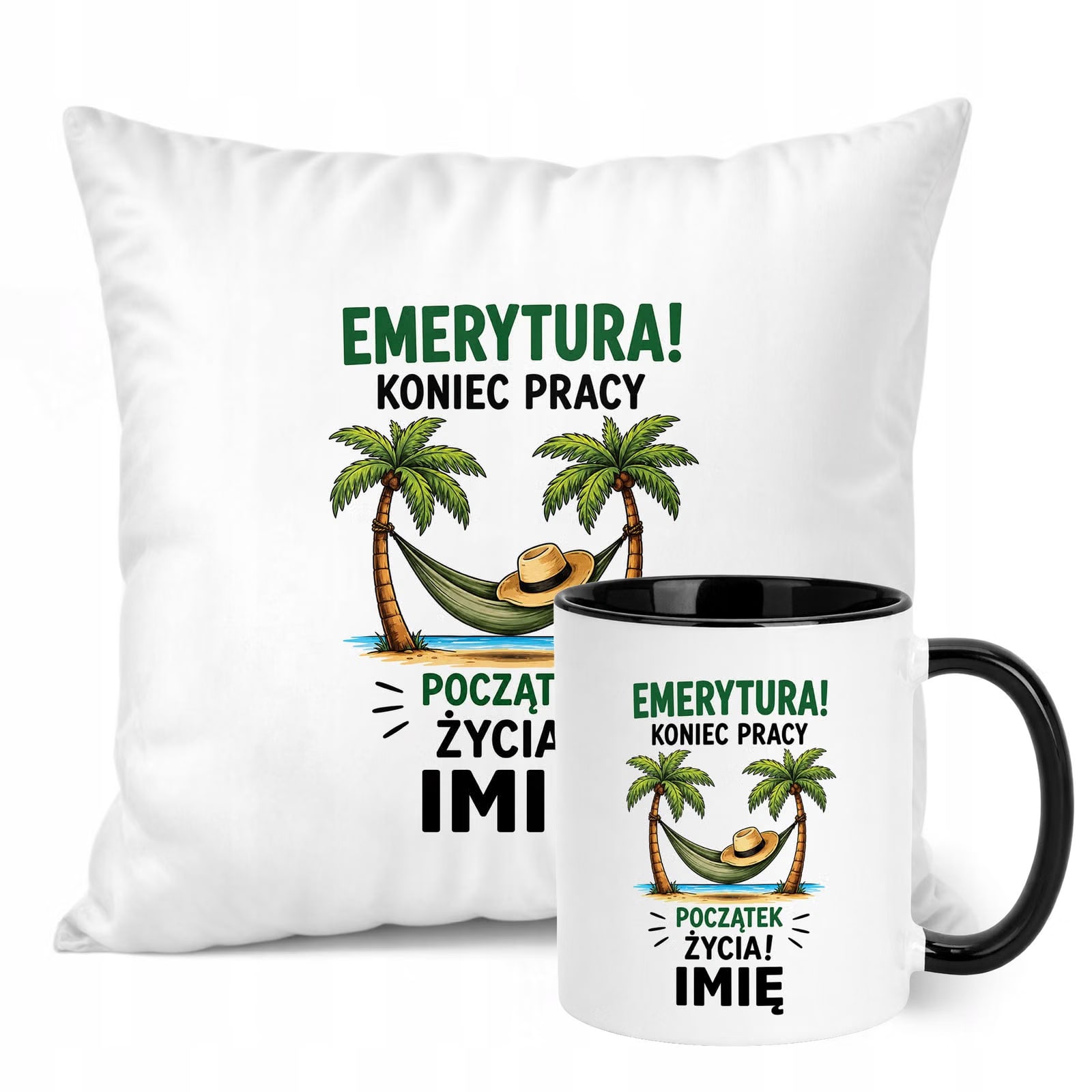 Zestaw Personalizowany Kubek Czarny Poduszka Emerytura Upominek Prezent