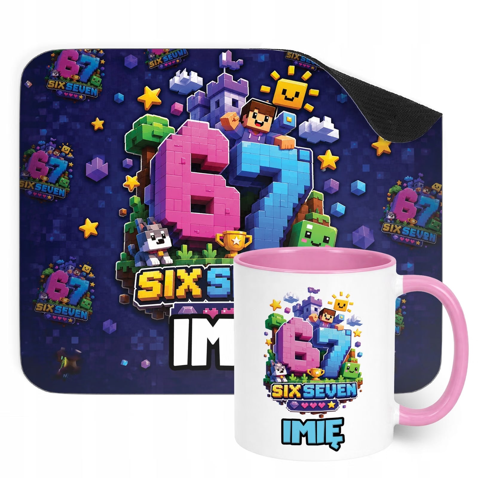 Zestaw personalizowany Kubek Różowy Podkładka pod mysz 67 Six Seven