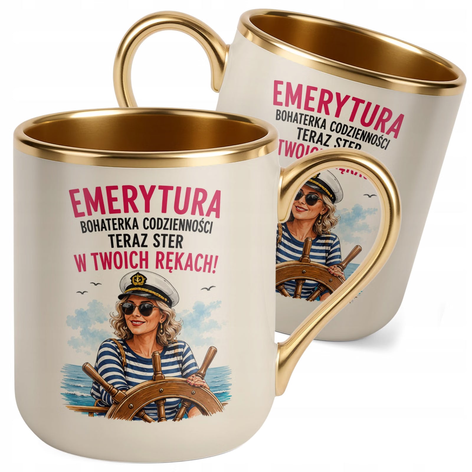 Kubek z nadrukiem Premium Złoty Ecru Emerytura Dla Emerytki Prezent