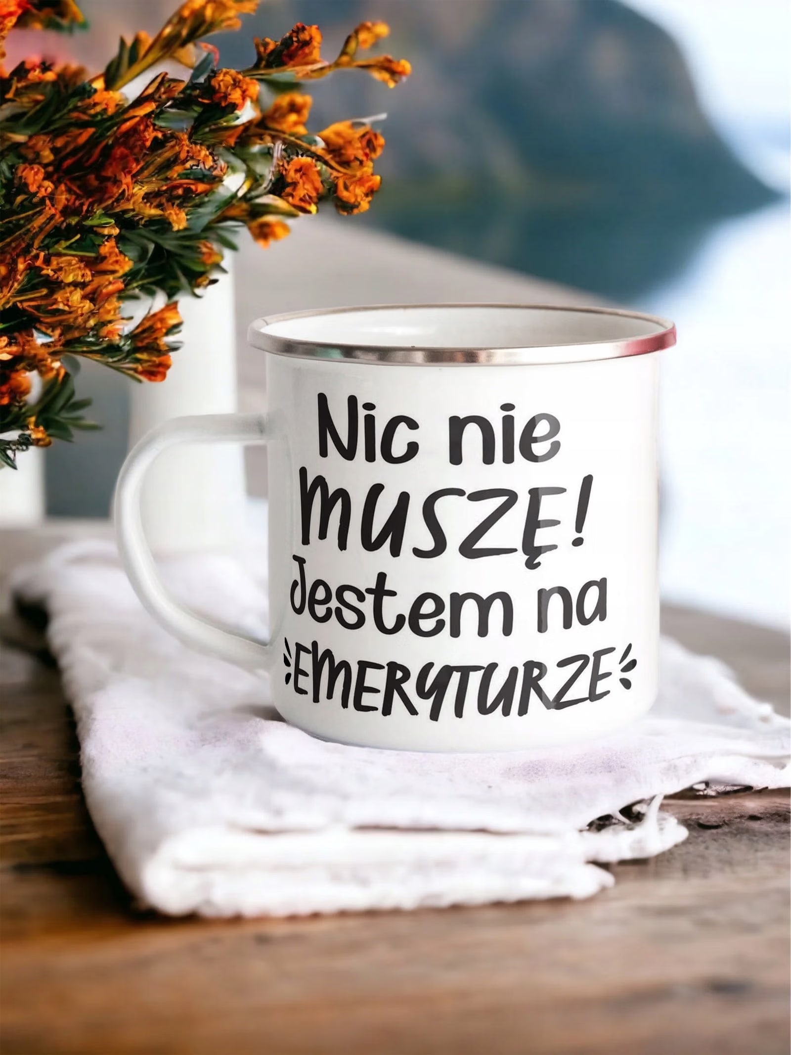 Kubek Emaliowany z okazji Emerytury Dla Emeryta z Nadrukiem Biały Metalowy