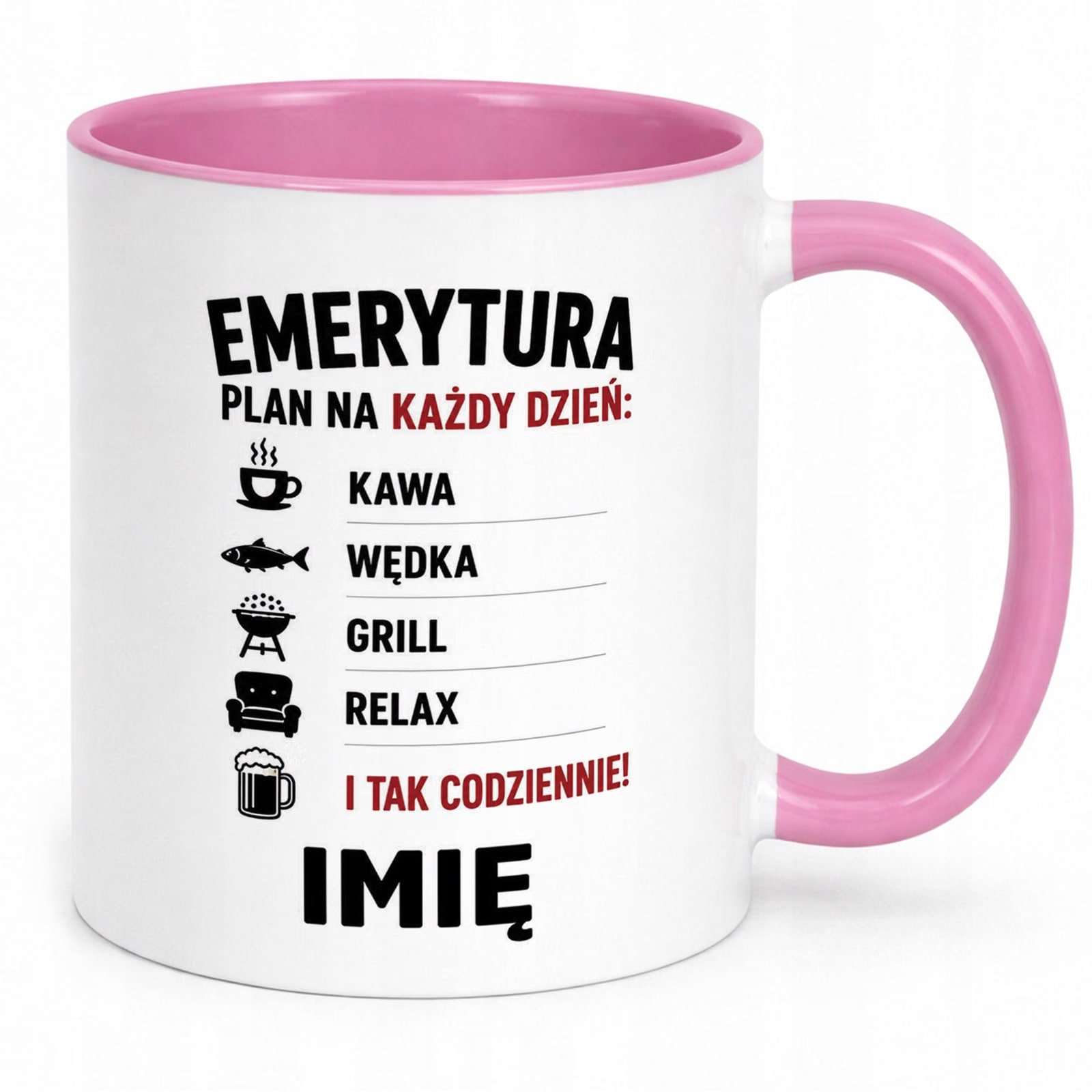 Kubek Różowy Personalizowany z Nadrukiem Emerytura Dla Emeryta Prezent