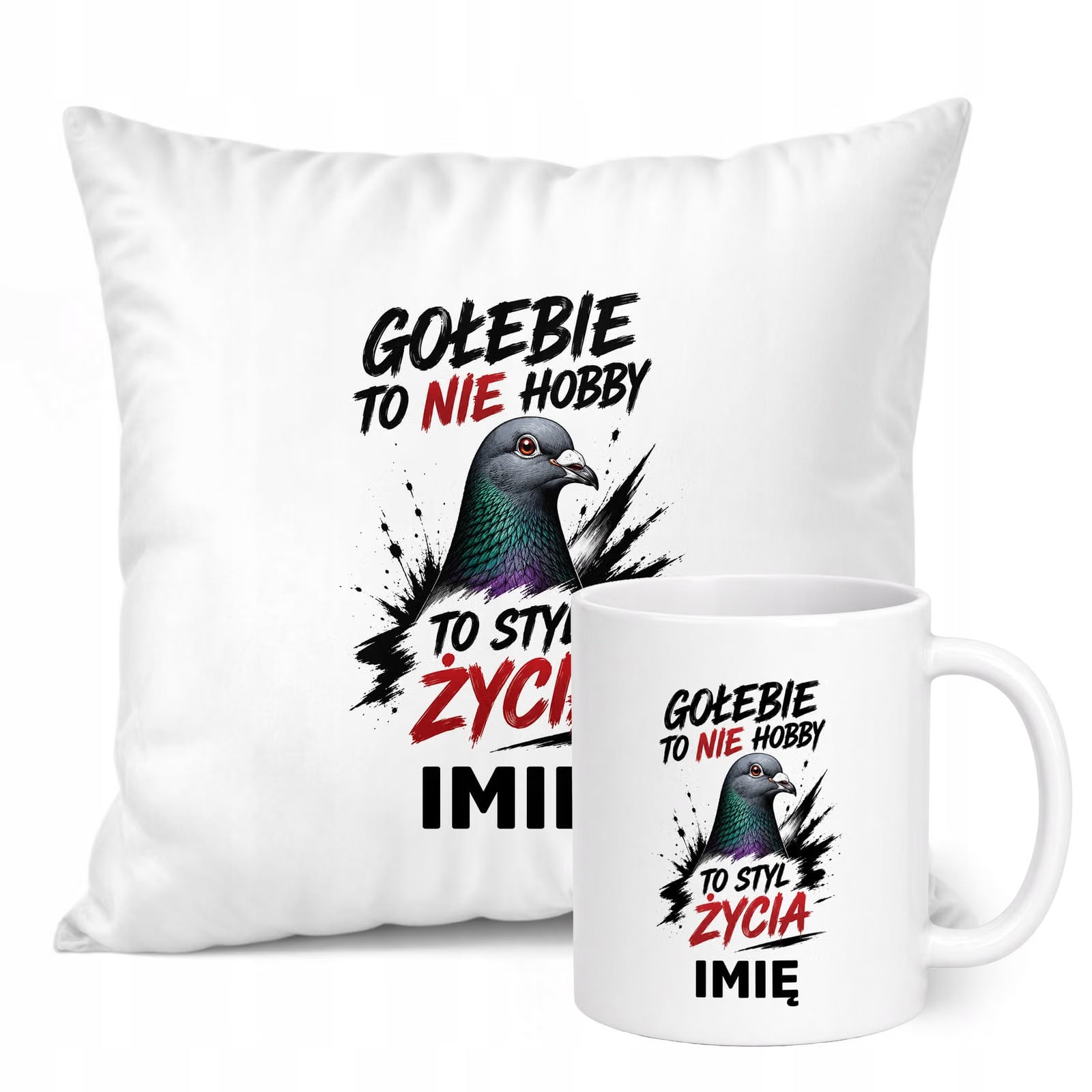Zestaw Personalizowany Kubek Biały Poduszka Z Nadrukiem Dla Gołębiarza
