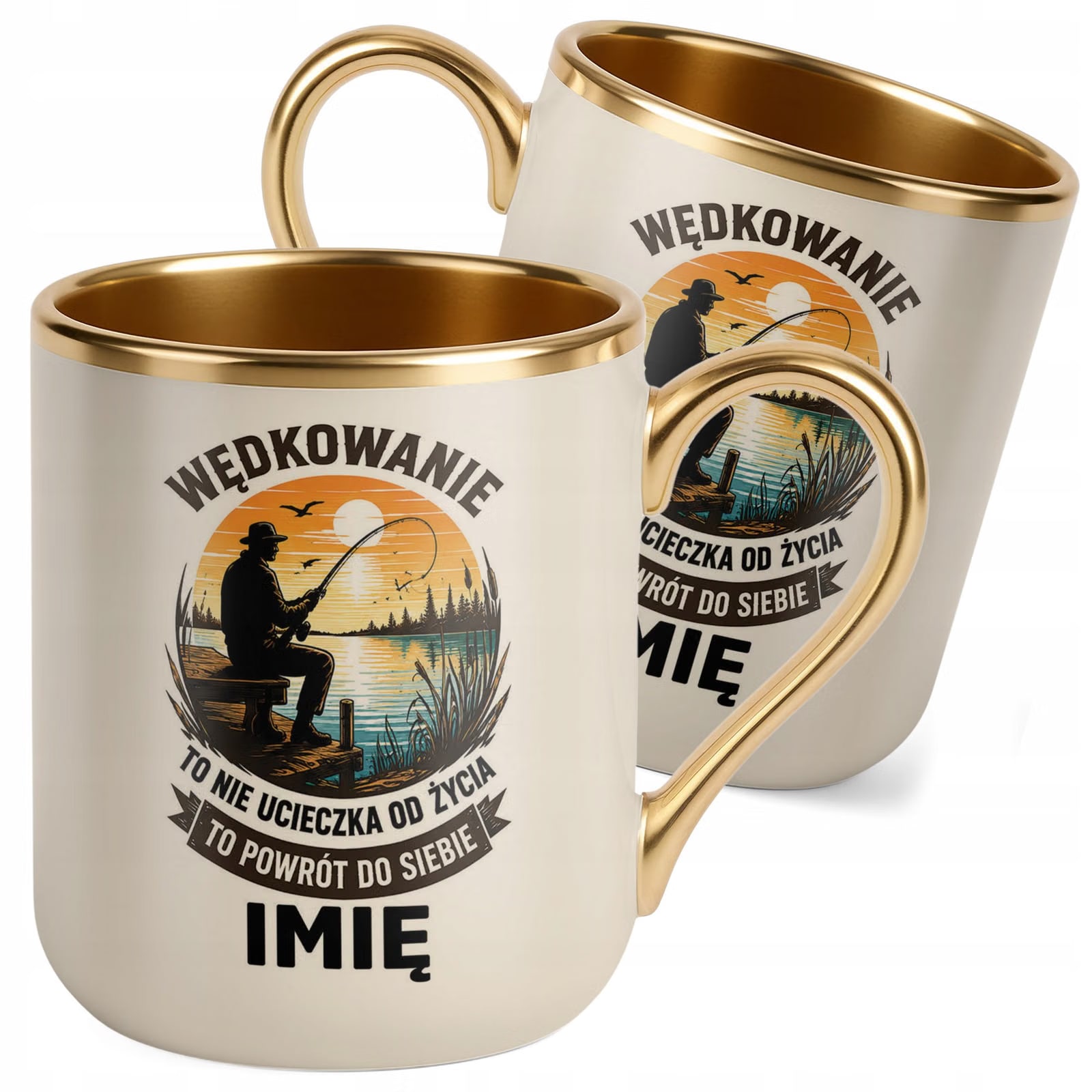 Kubek Personalizowany z nadrukiem Premium Złoty Ecru Dla Wędkarza Prezent