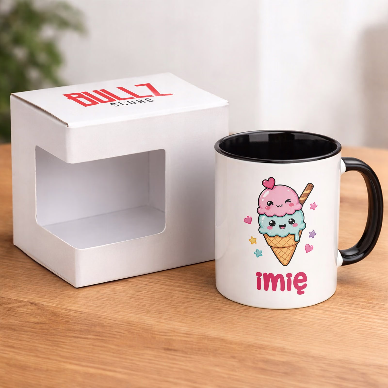 Kubek Czarny z nadrukiem personalizowany Kawaii Lody Dla Dzieci Prezent