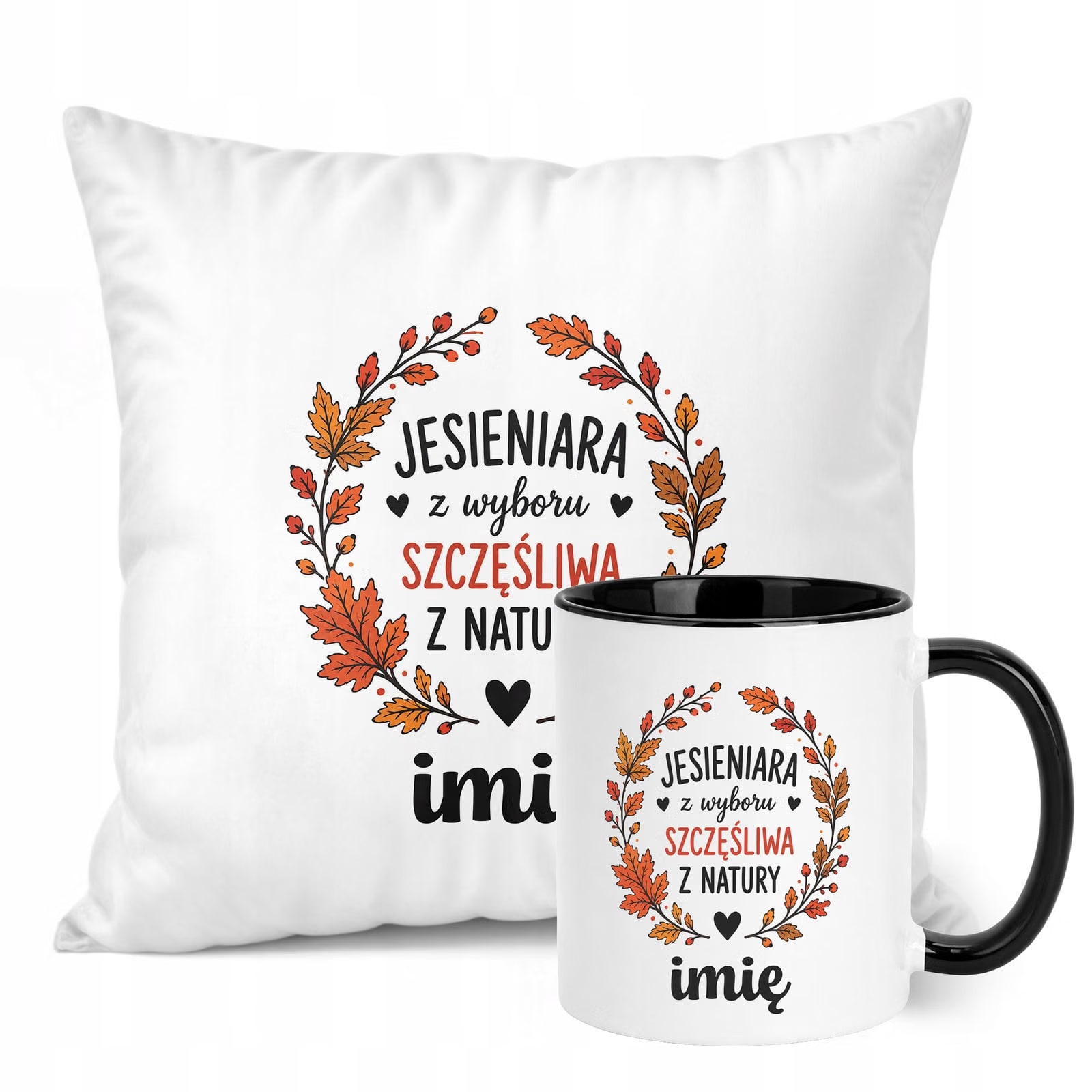 Zestaw Personalizowany Kubek Czarny Poduszka Jesień Jesienny Z Nadrukiem
