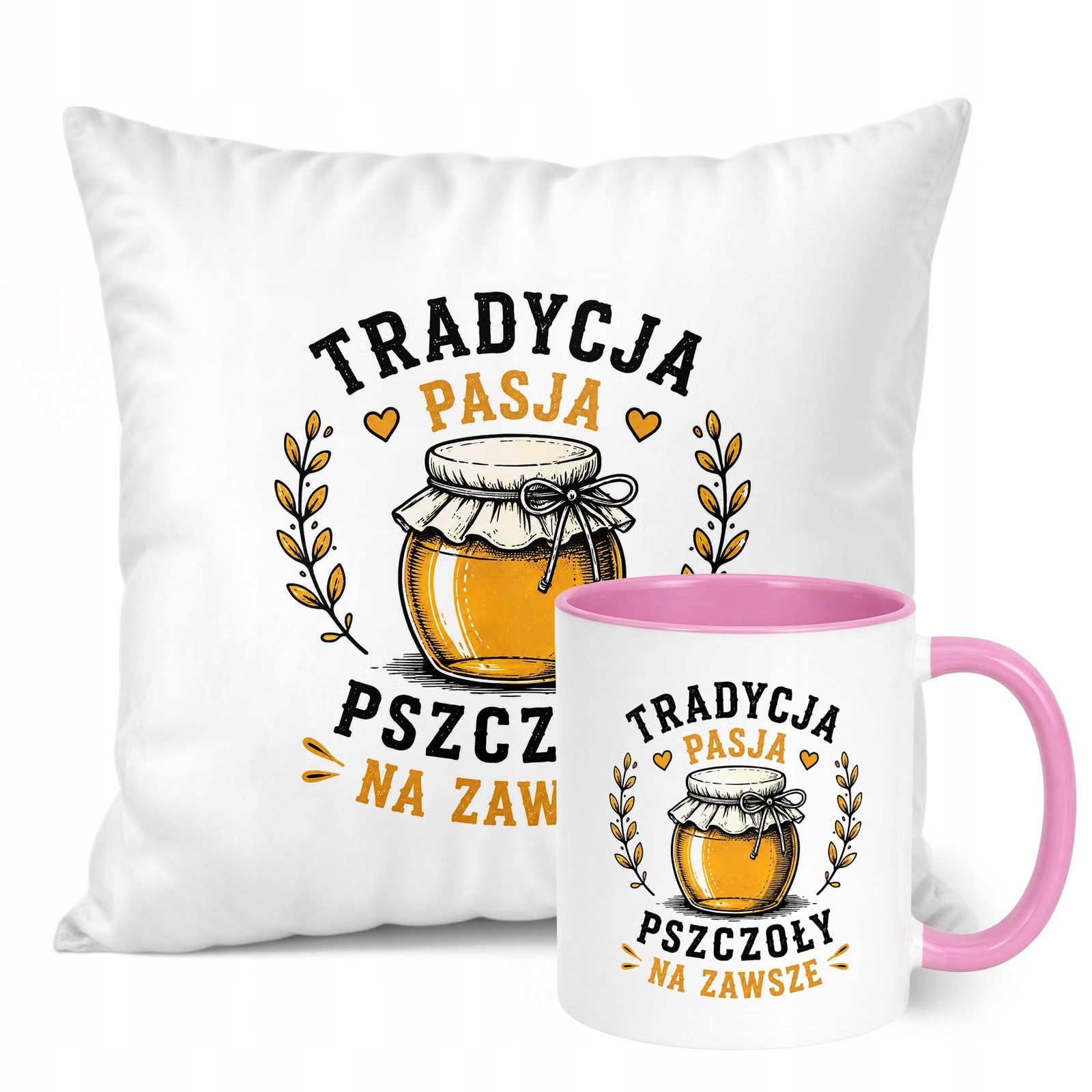 Zestaw Kubek Różowy Poduszka Z Nadrukiem Dla Pszczelarza Prezent