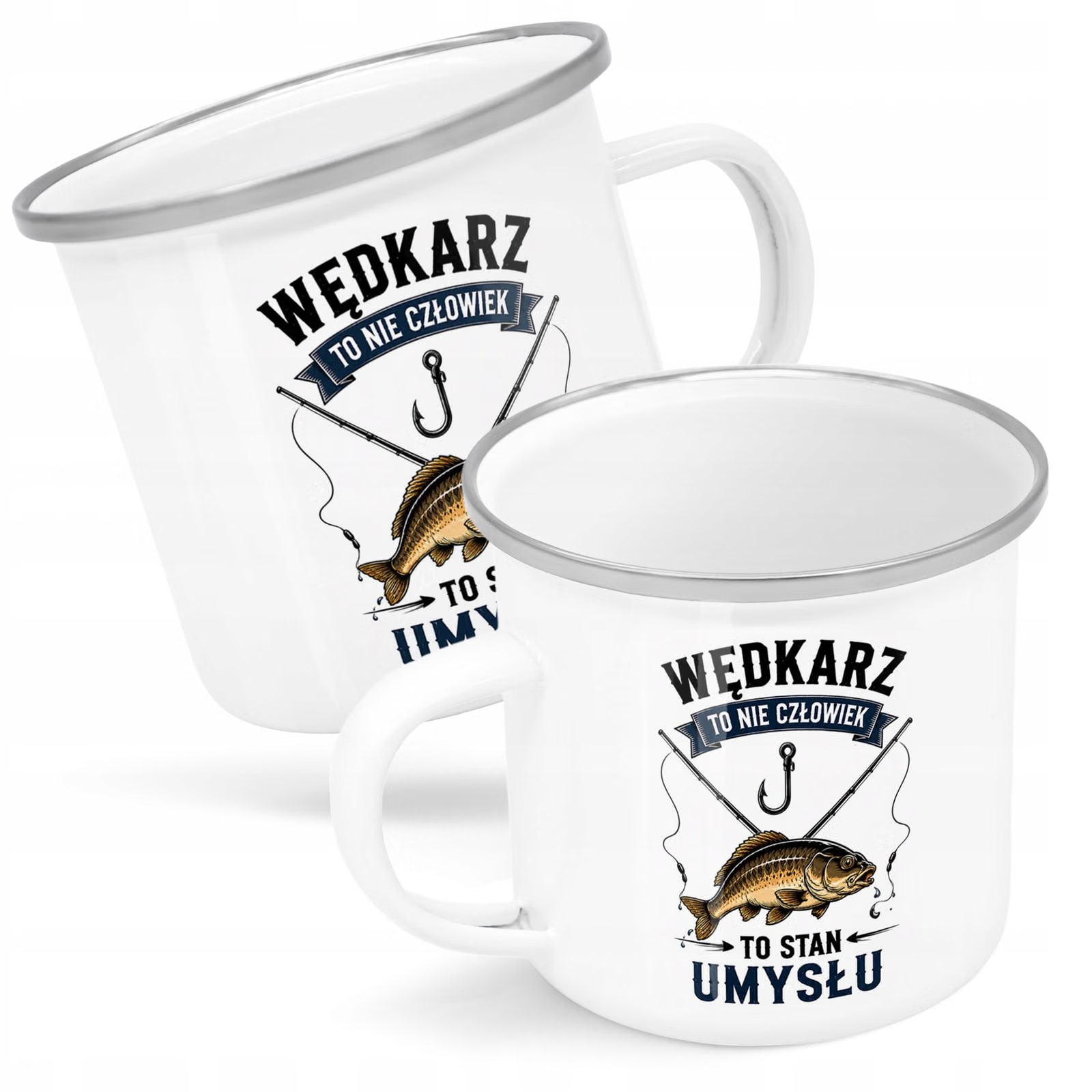 Kubek Emaliowany Dla Wędkarza z Nadrukiem Biały Metalowy Prezent