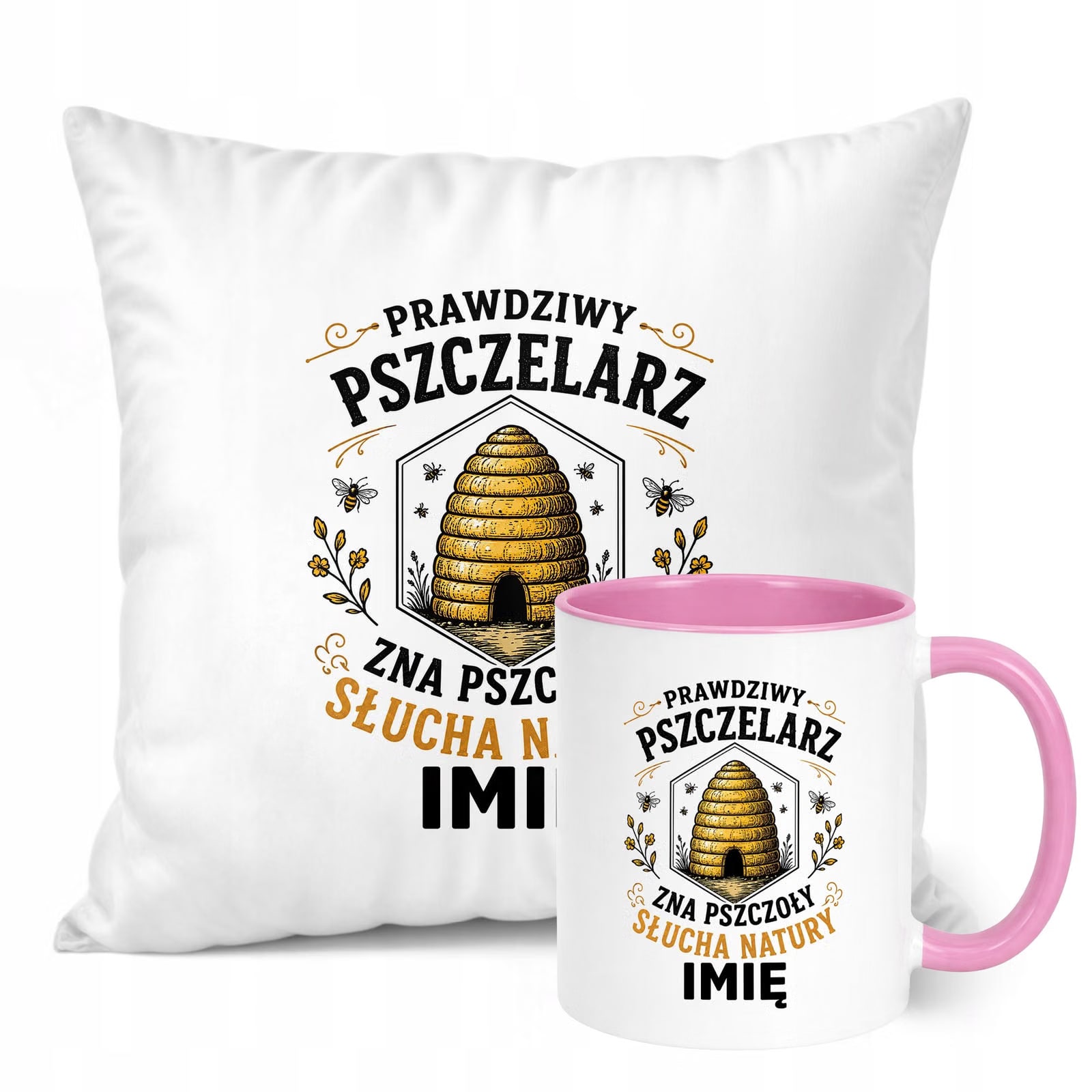 Zestaw Personalizowany Kubek Różowy Poduszka Z Nadrukiem Dla Pszczelarza