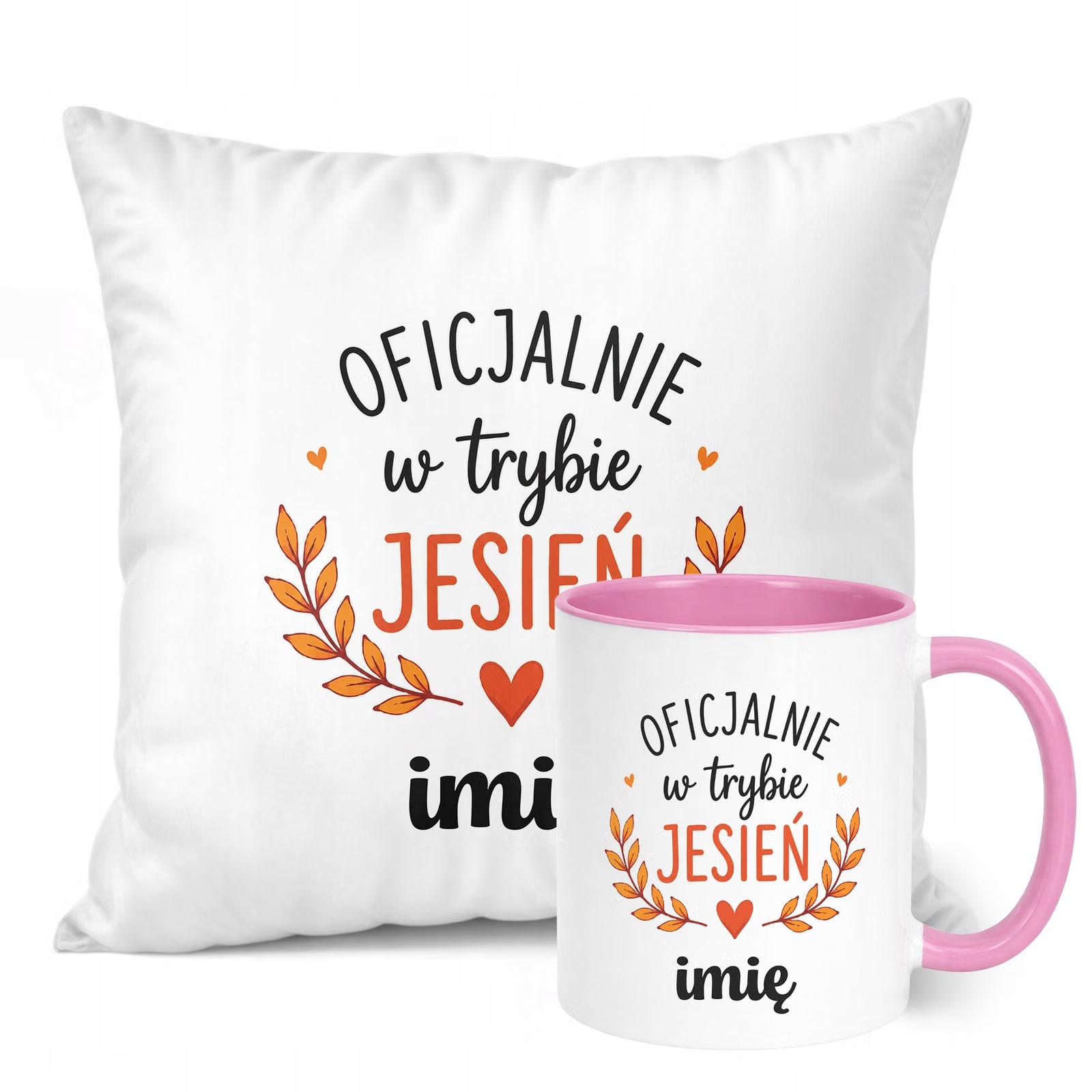 Zestaw Personalizowany Kubek Różowy Poduszka Jesień Jesienny Z Nadrukiem