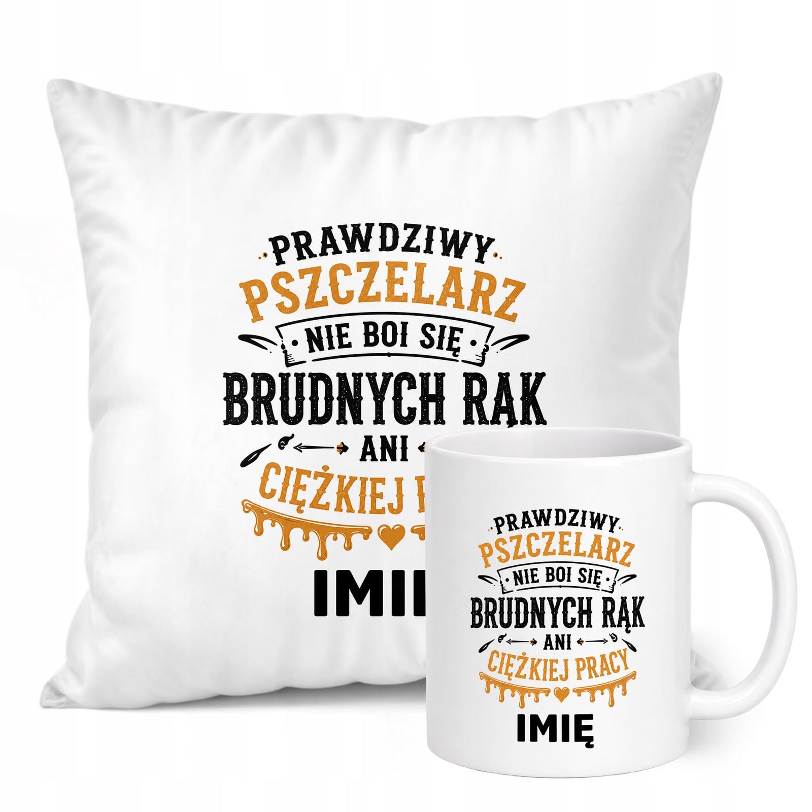 Zestaw Personalizowany Kubek Biały Poduszka Z Nadrukiem Dla Pszczelarza