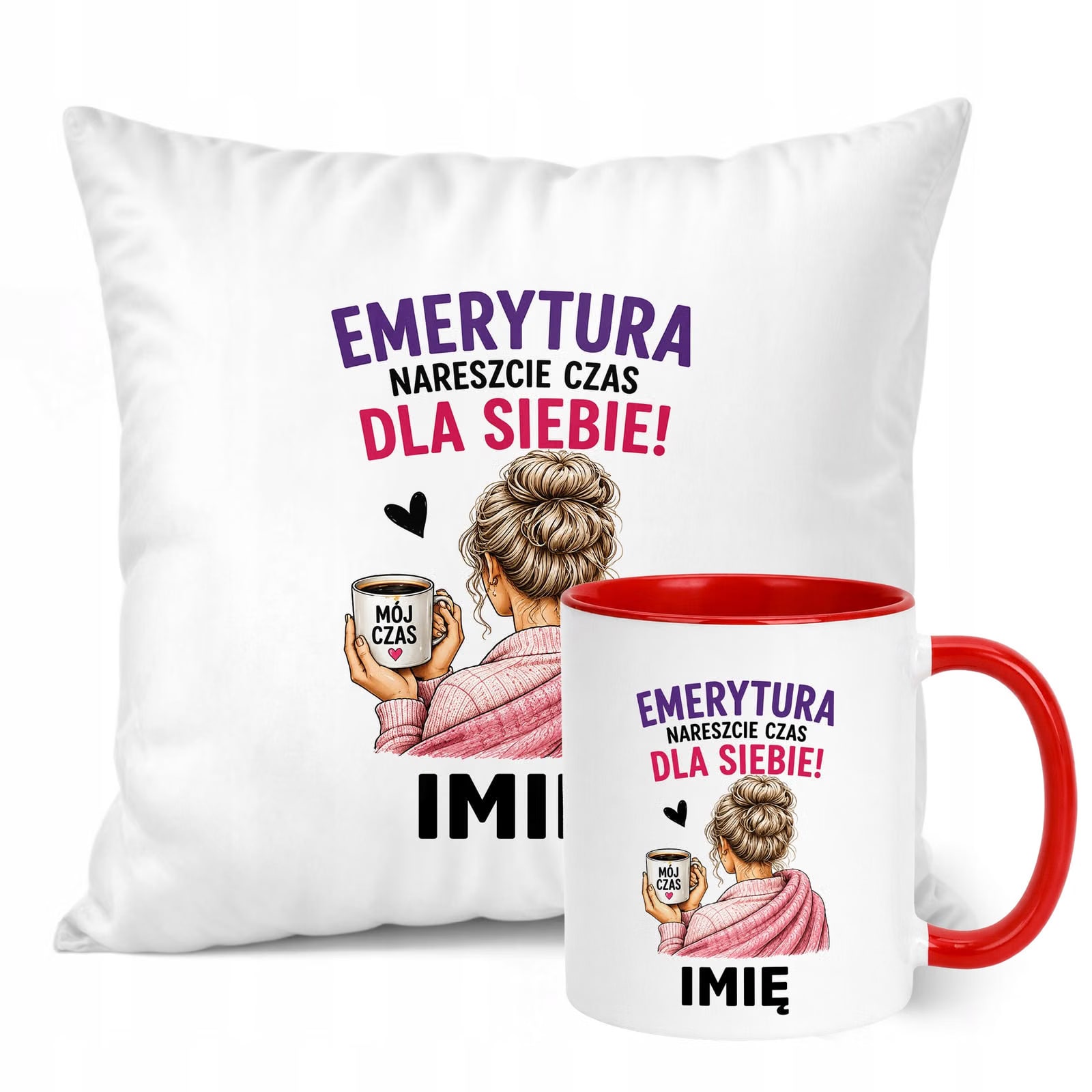 Zestaw Personalizowany Kubek Czerwony Poduszka Emerytura Upominek Prezent