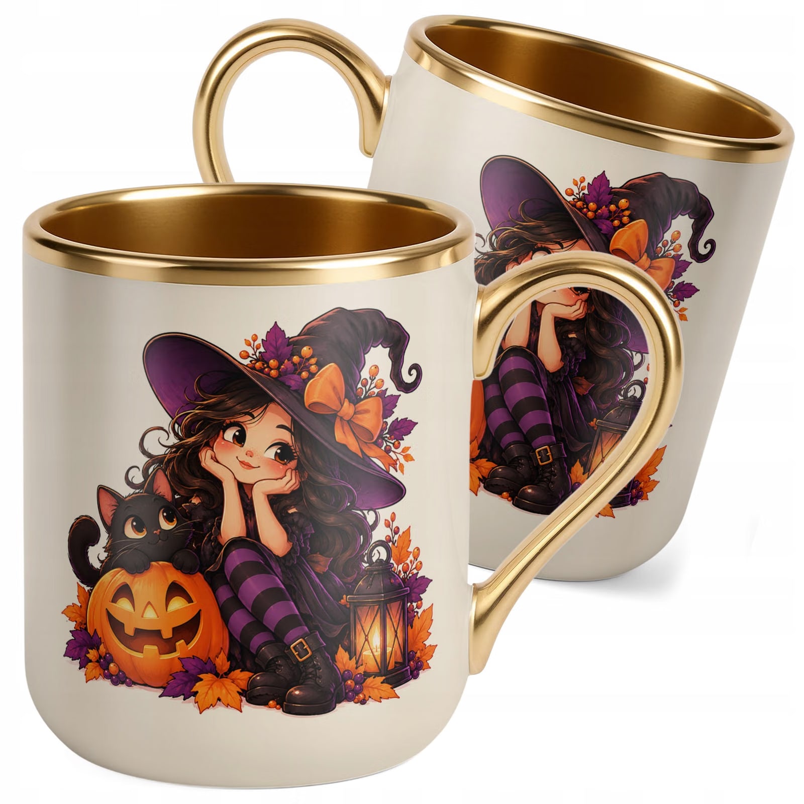 Kubek Premium Złoty Ecru z Nadrukiem Halloween Jesień Prezent