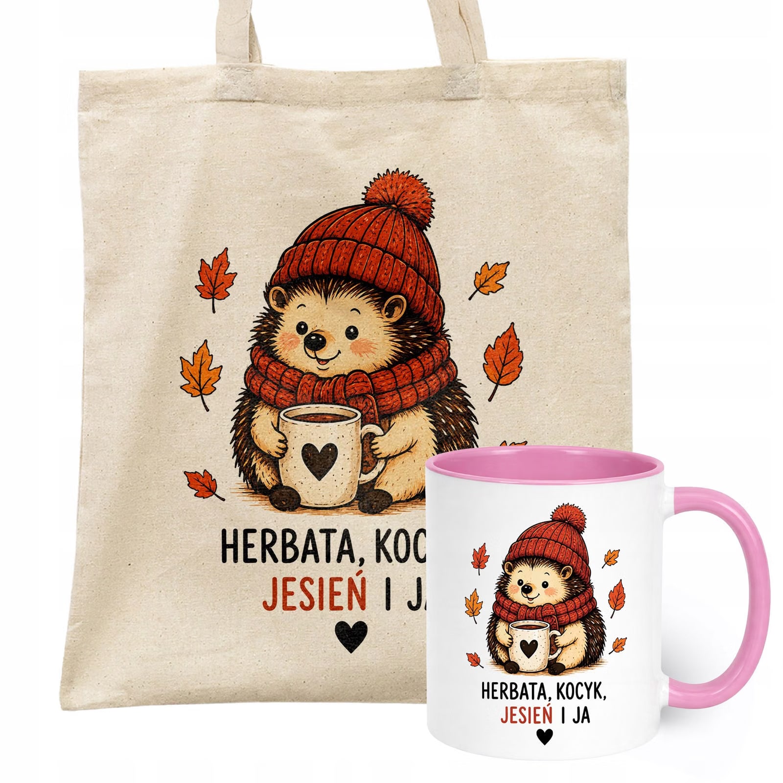 Zestaw Kubek Różowy Torba Shopper Ecru Z Nadrukiem Jesień Jesienny
