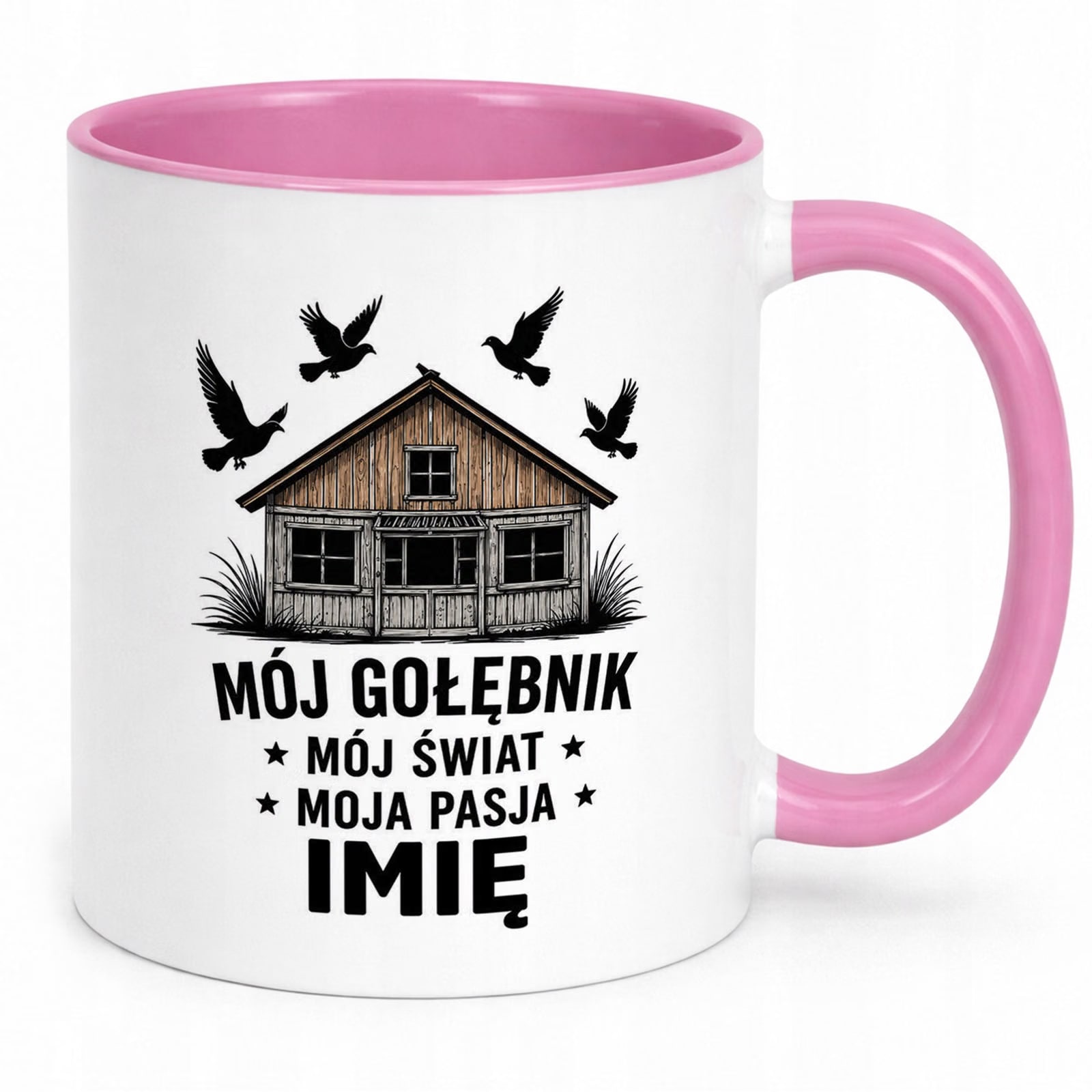 Różowy Kubek Personalizowany z nadrukiem Dla Gołębiarza Upominek Prezent