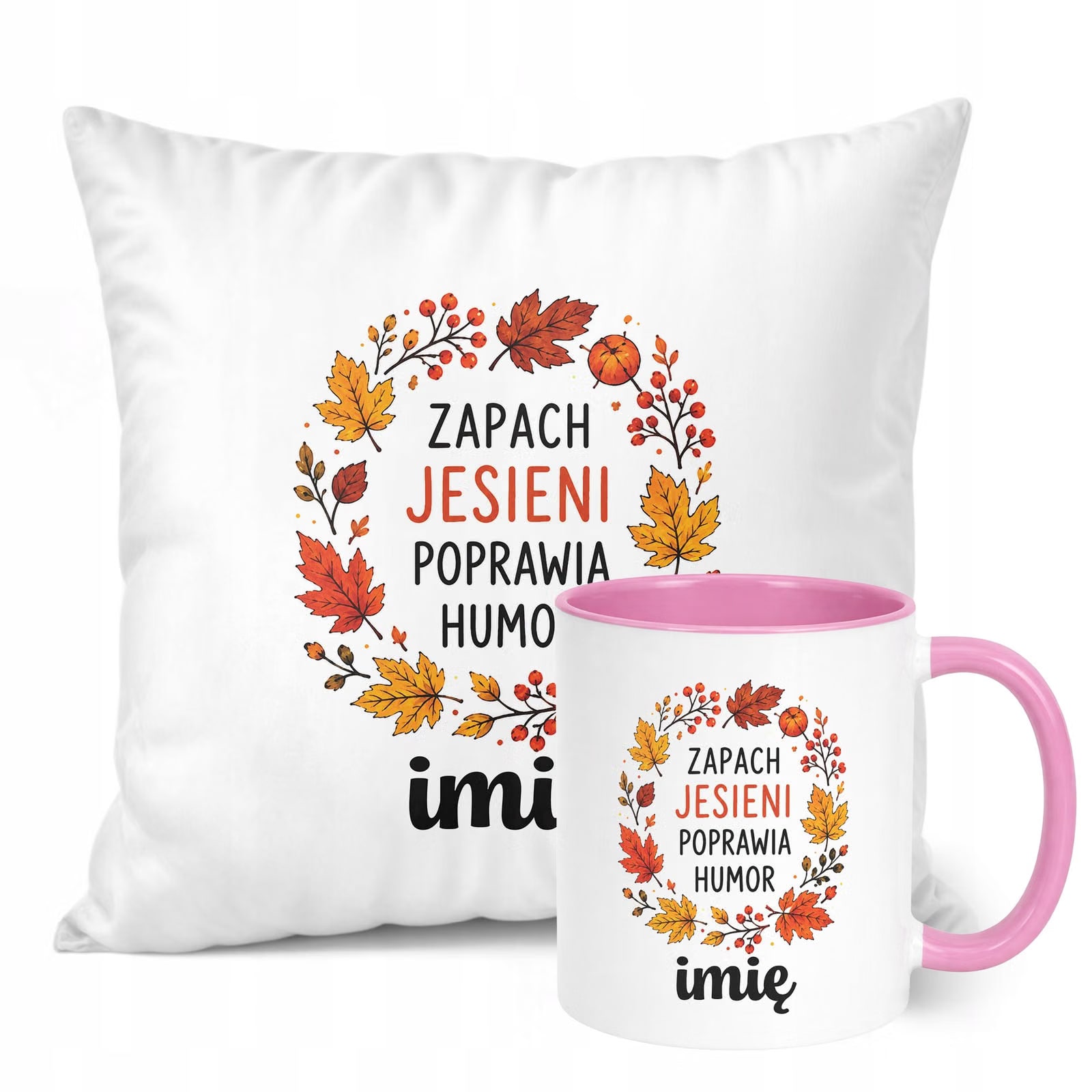 Zestaw Personalizowany Kubek Różowy Poduszka Jesień Jesienny Z Nadrukiem