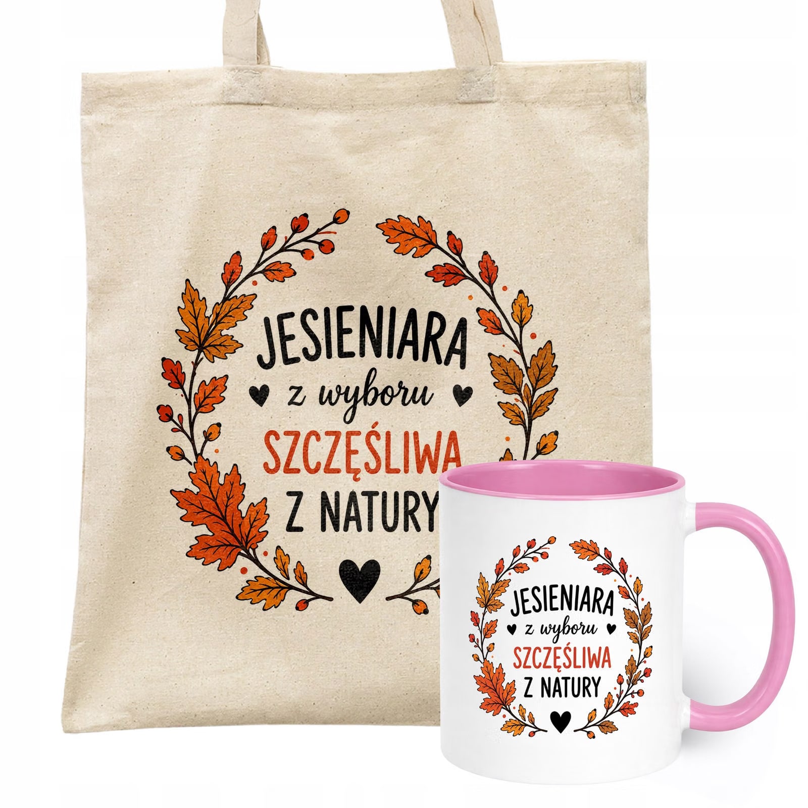 Zestaw Kubek Różowy Torba Shopper Ecru Z Nadrukiem Jesień Jesienny