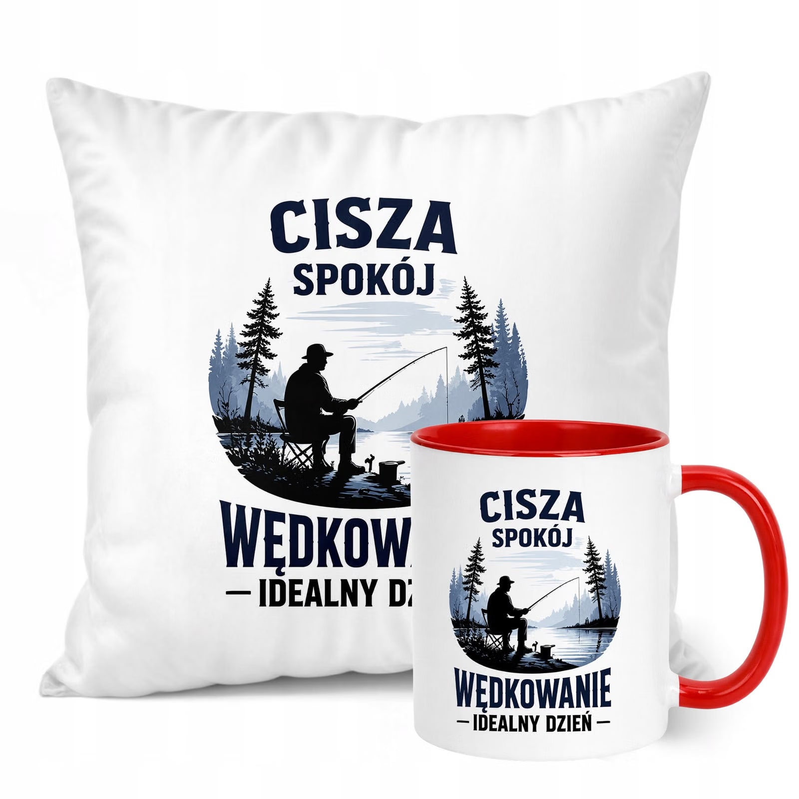 Zestaw Kubek Czerwony Poduszka Z Nadrukiem Dla Wędkarza Prezent