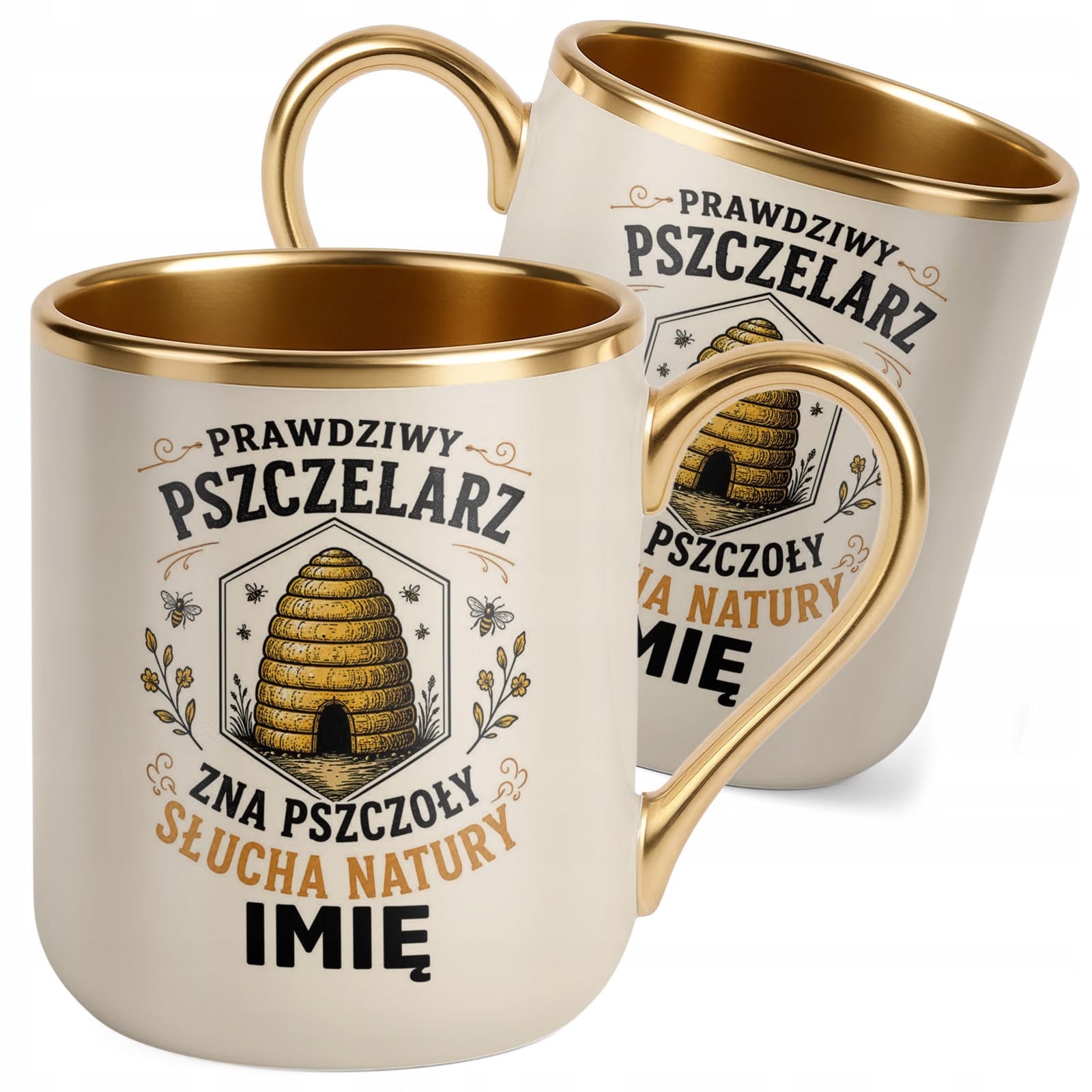 Kubek Personalizowany z nadrukiem Premium Złoty Ecru Dla Pszczelarza