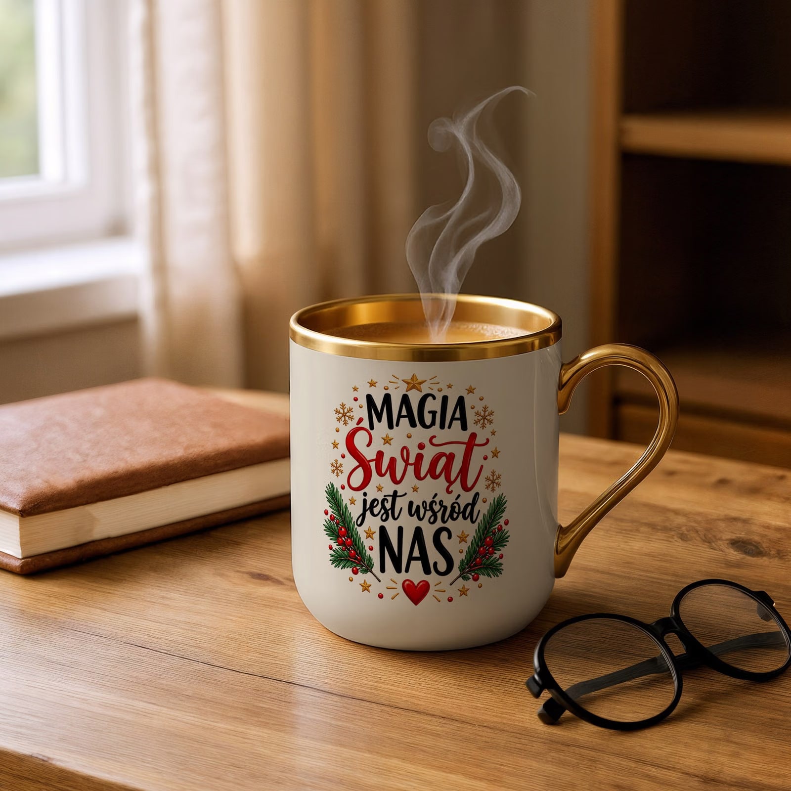 Kubek Premium Złoty Ecru Boże Narodzenie Mikołajki Magia Świąt Prezent