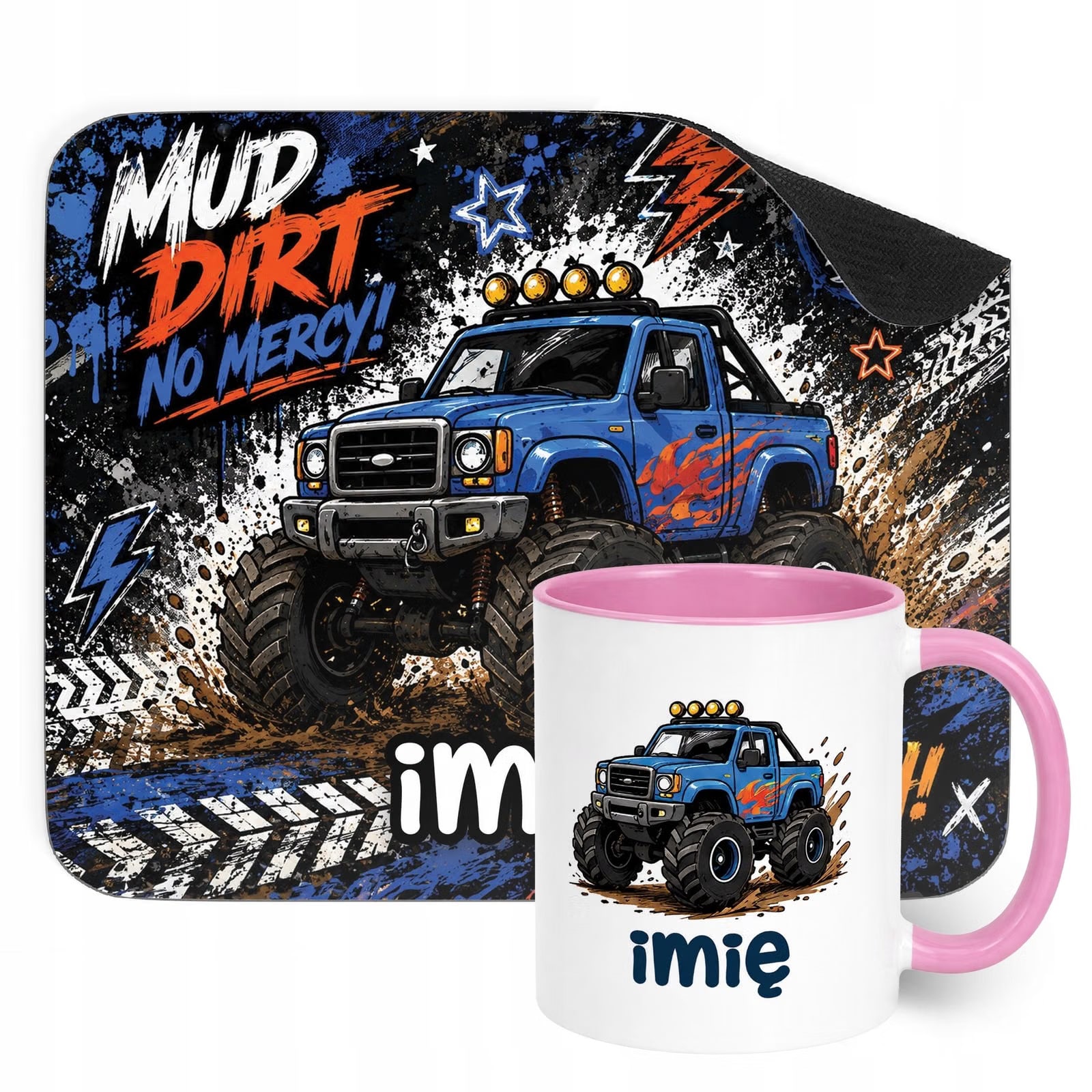 Zestaw personalizowany Kubek Różowy Podkładka pod mysz Monster Truck