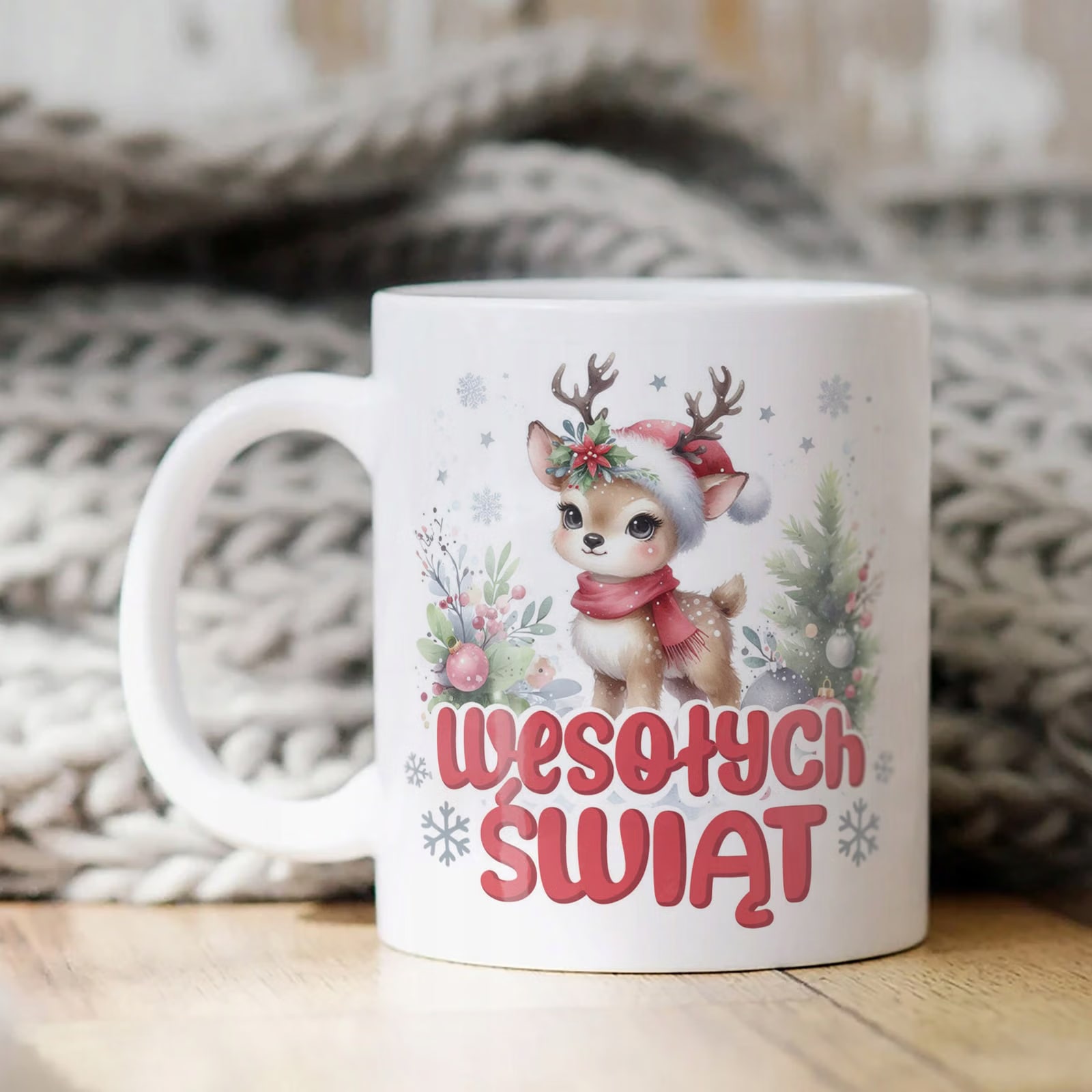 Kubek Biały z Nadrukiem Boże Narodzenie Mikołajki Święta Renifer Prezent