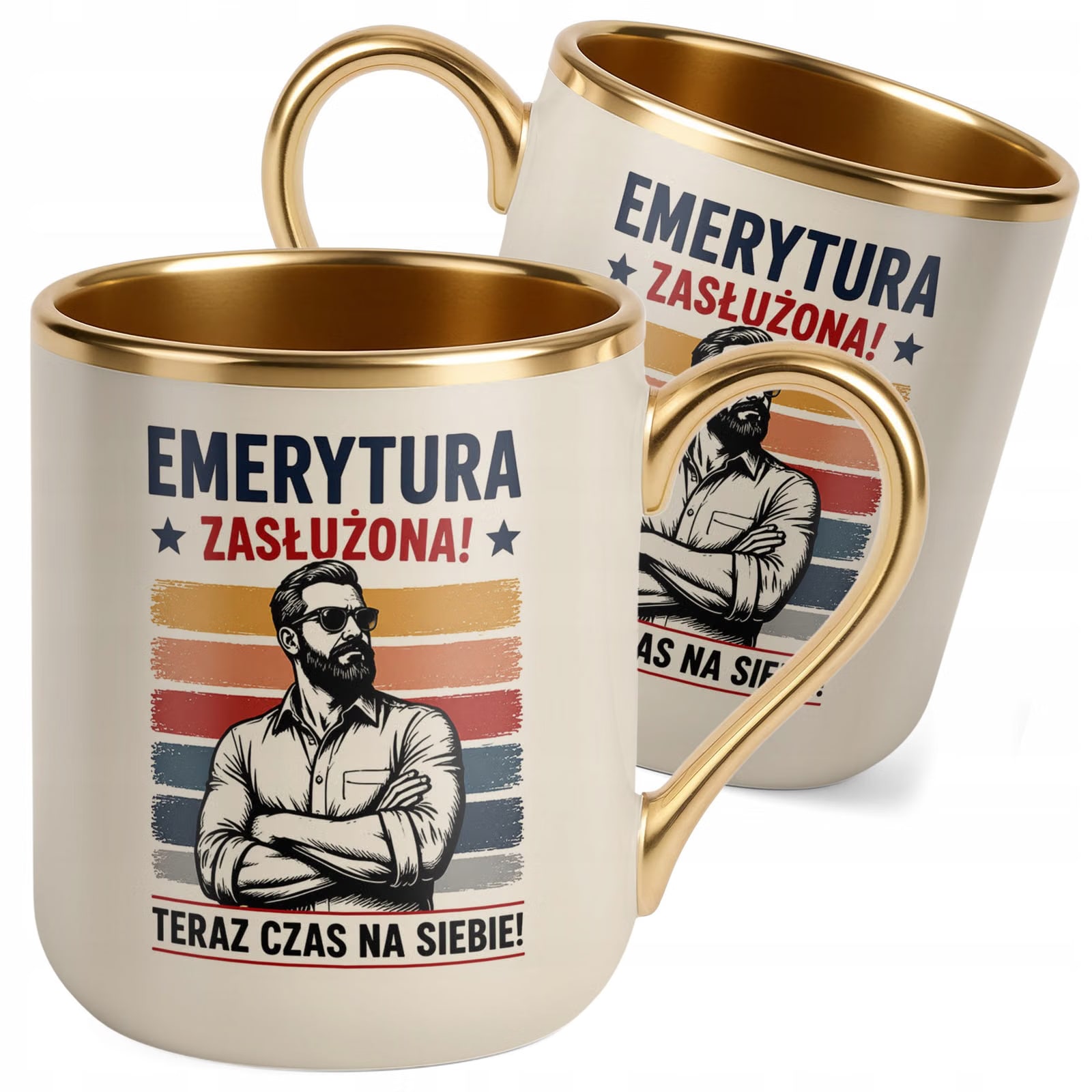 Kubek z nadrukiem Premium Złoty Ecru Emerytura Dla Emeryta Prezent