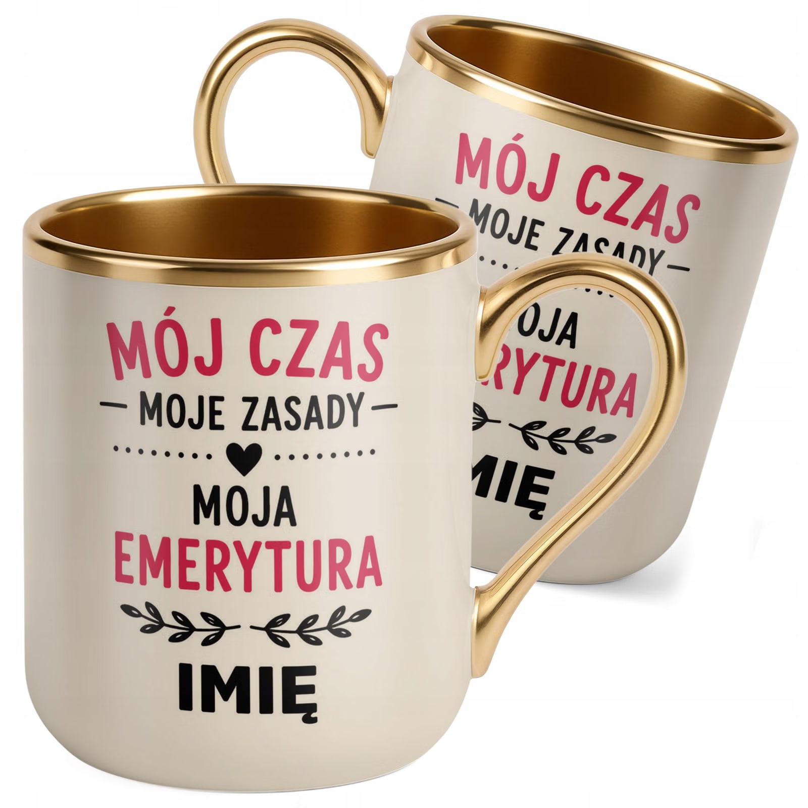Kubek Personalizowany z nadrukiem Premium Złoty Ecru Emerytura Prezent