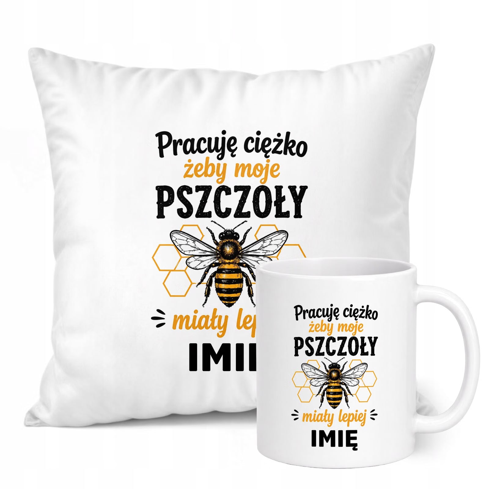 Zestaw Personalizowany Kubek Biały Poduszka Z Nadrukiem Dla Pszczelarza