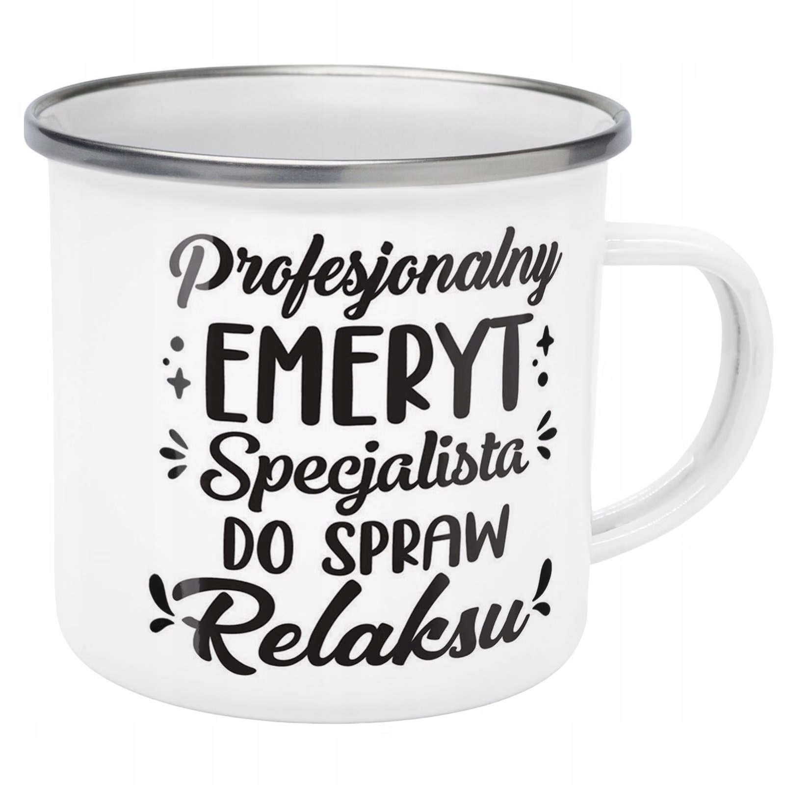 Kubek Emaliowany z okazji Emerytury Dla Emeryta z Nadrukiem Biały Metalowy