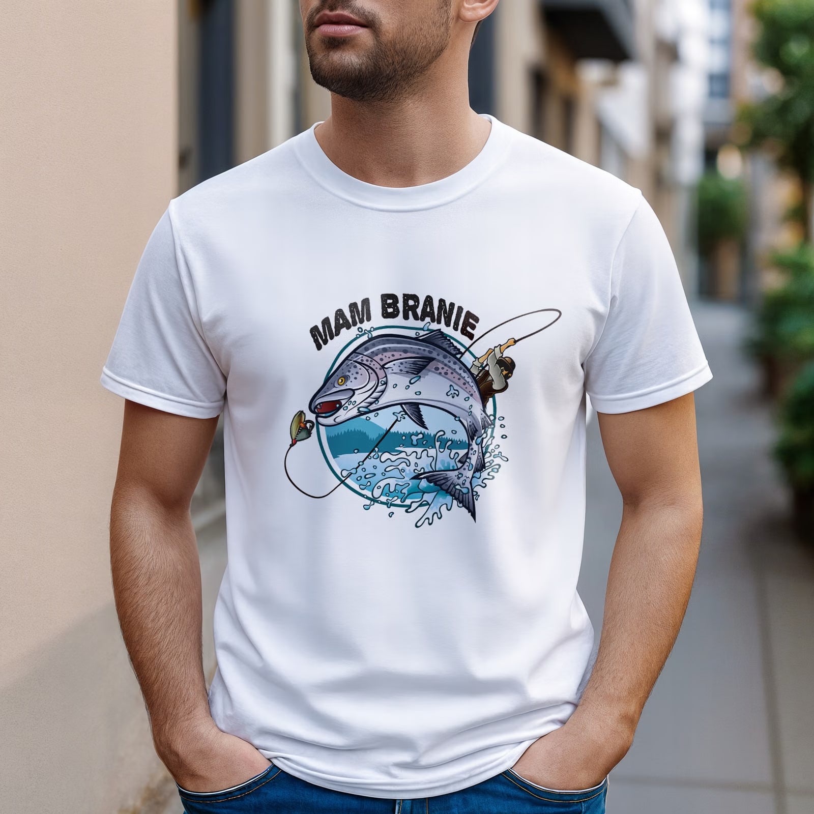 Koszulka biała męska Dla Wędkarza Wędkowanie Ryby Prezent r. 3XL