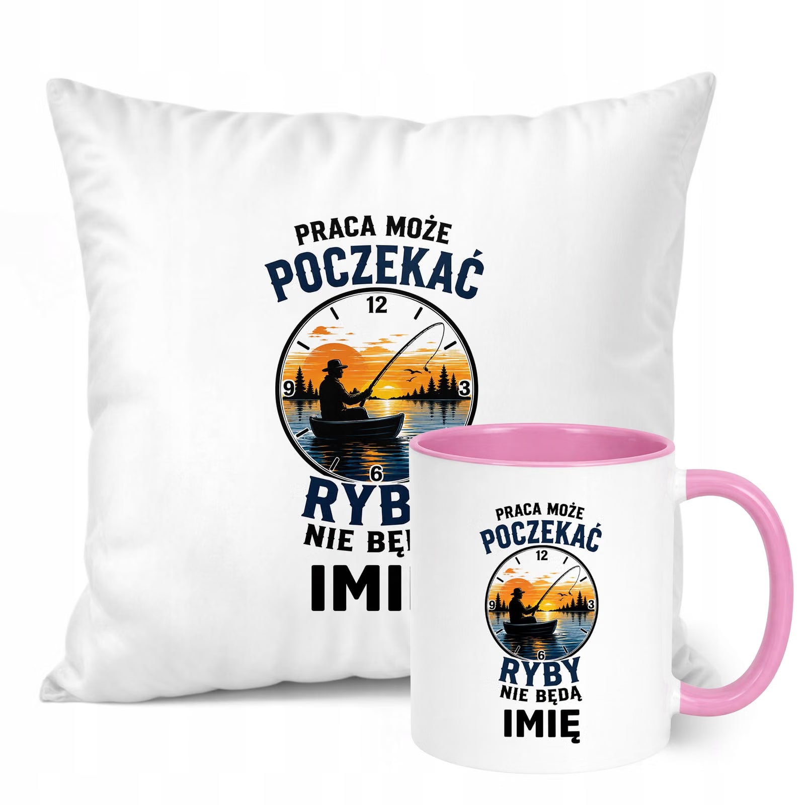 Zestaw Personalizowany Kubek Różowy Poduszka Z Nadrukiem Dla Wędkarza